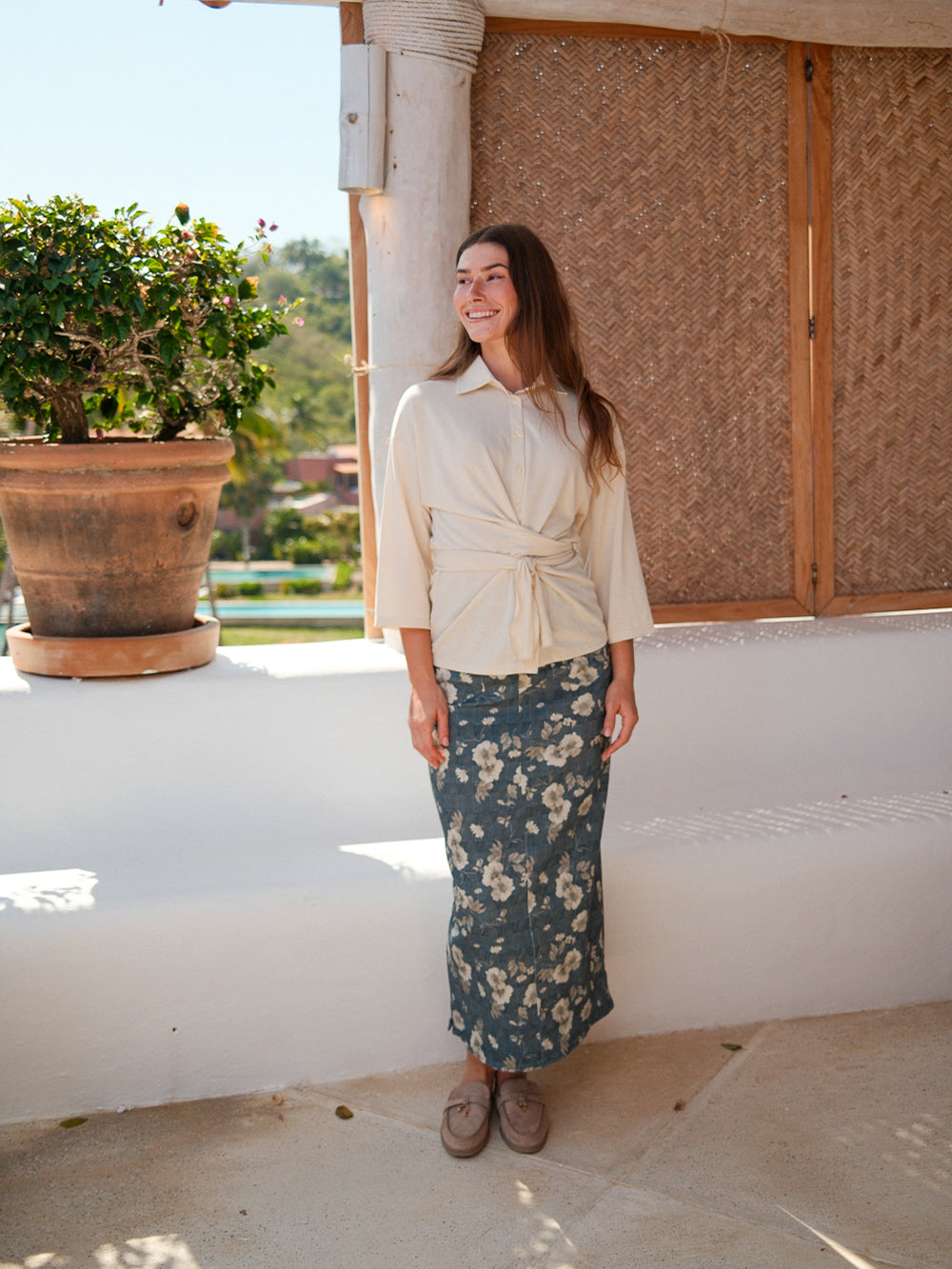 Straight Maxi Denim Skirt-Plaid Tan Floral