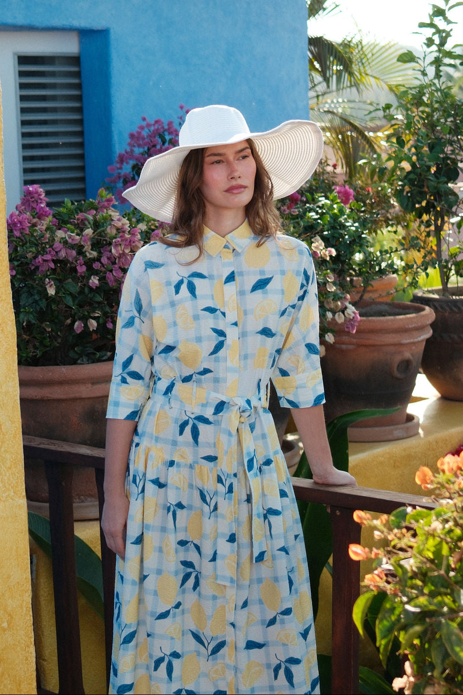 Yoke Gathered Belted Shirtdress-Lots of Lemon