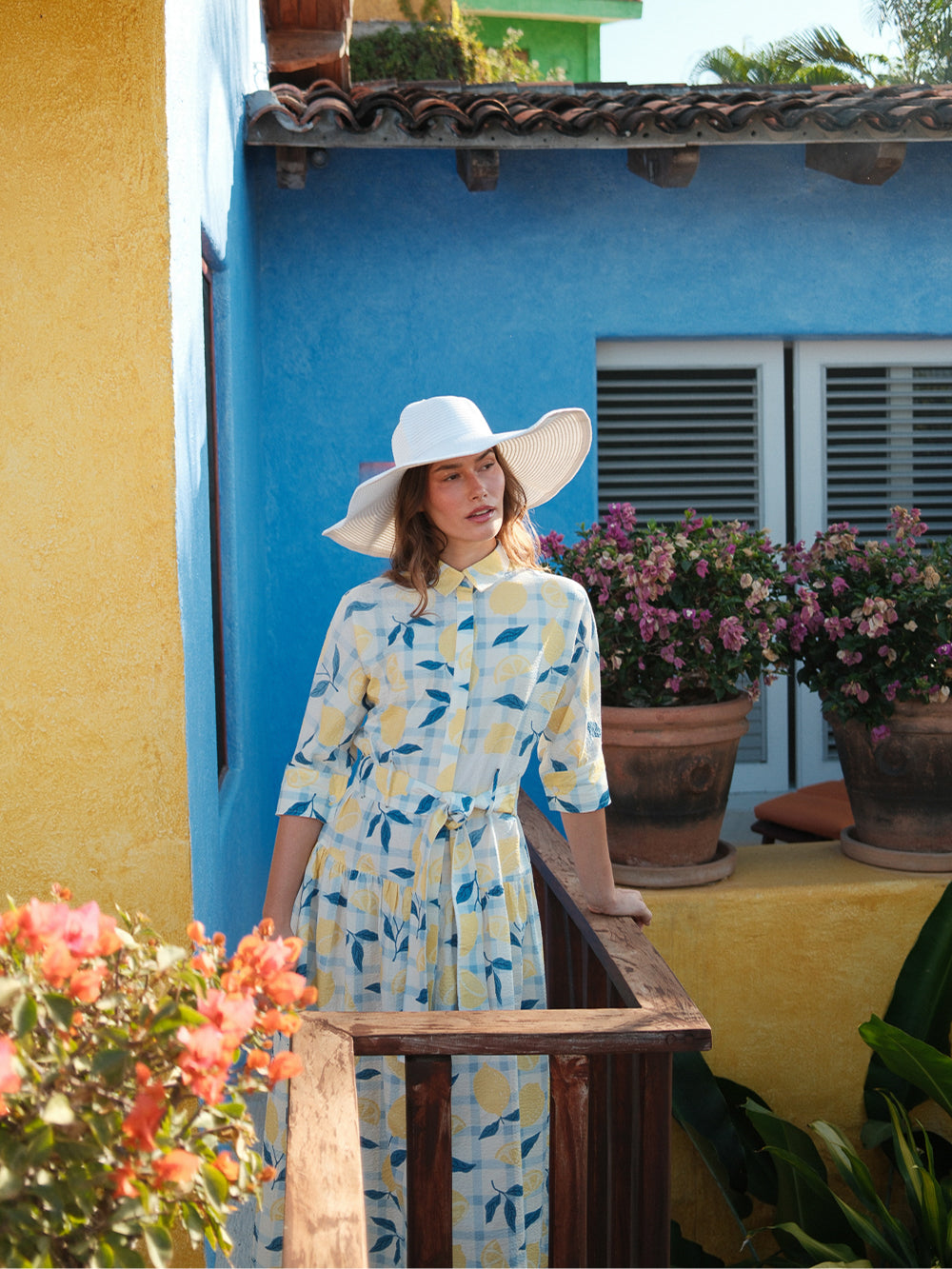 Yoke Gathered Belted Shirtdress-Lots of Lemon
