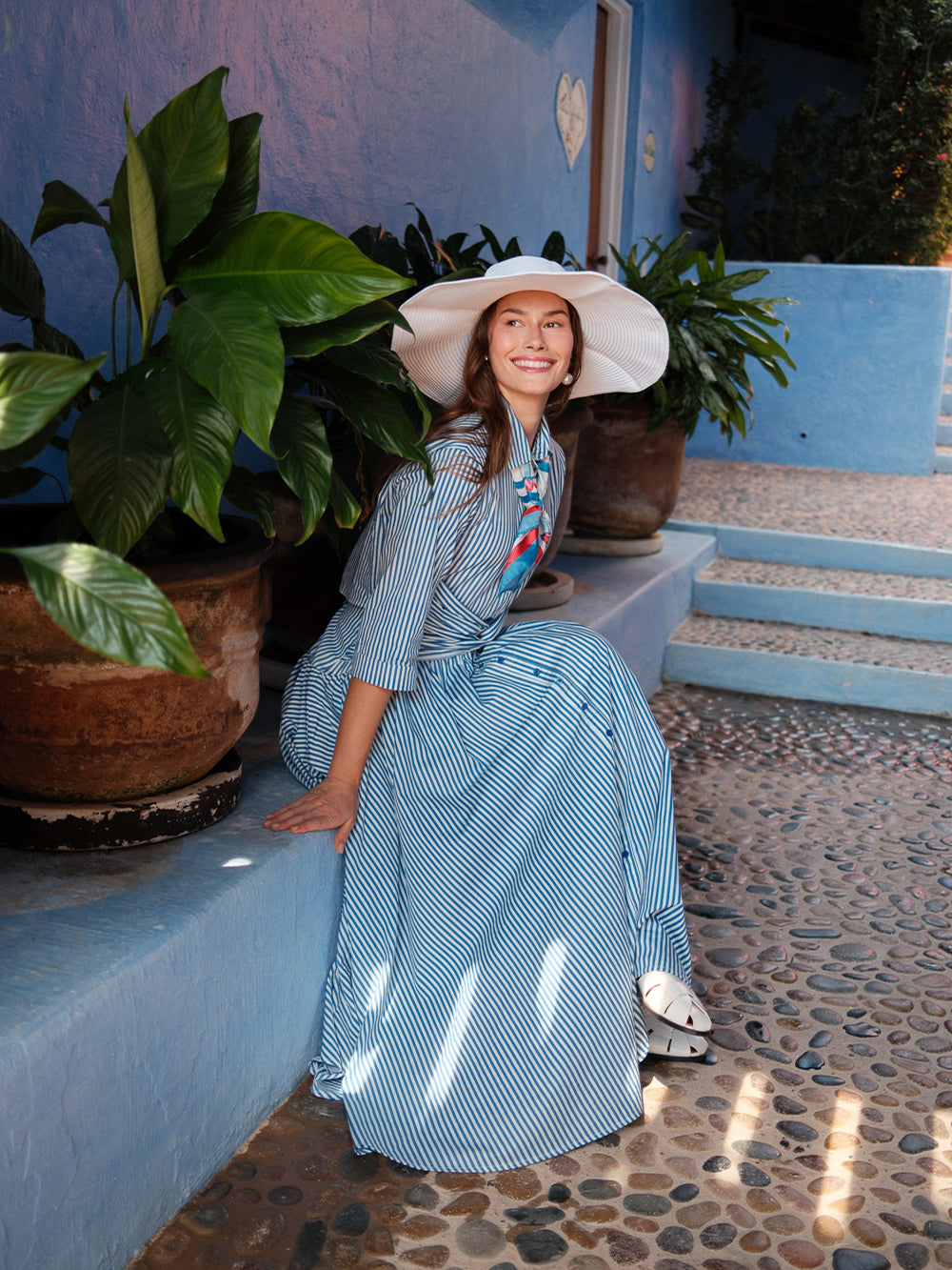 Ruched Knot Dress-Blue/White Stripe