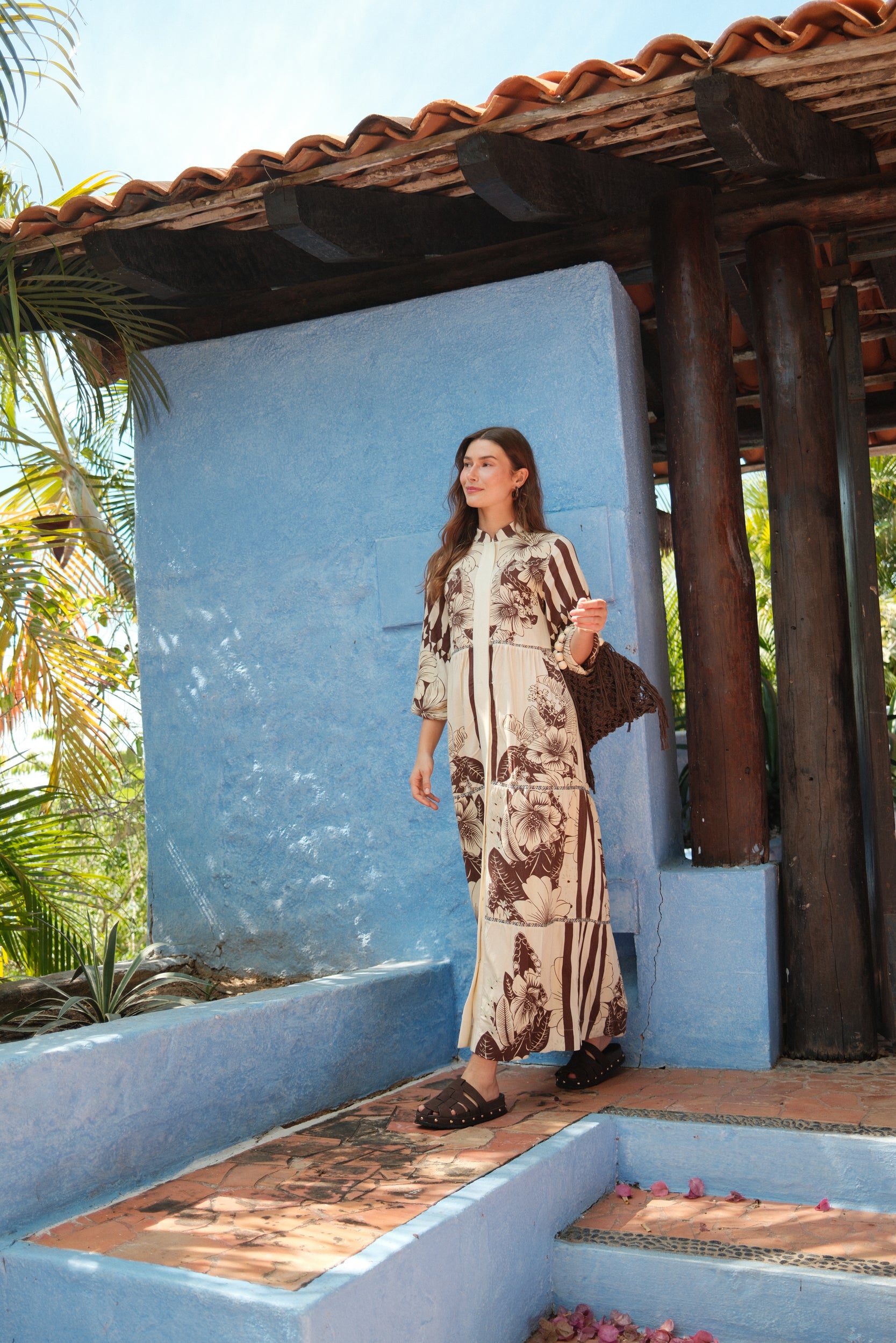 Peasant Belted Dress-Brown Floral