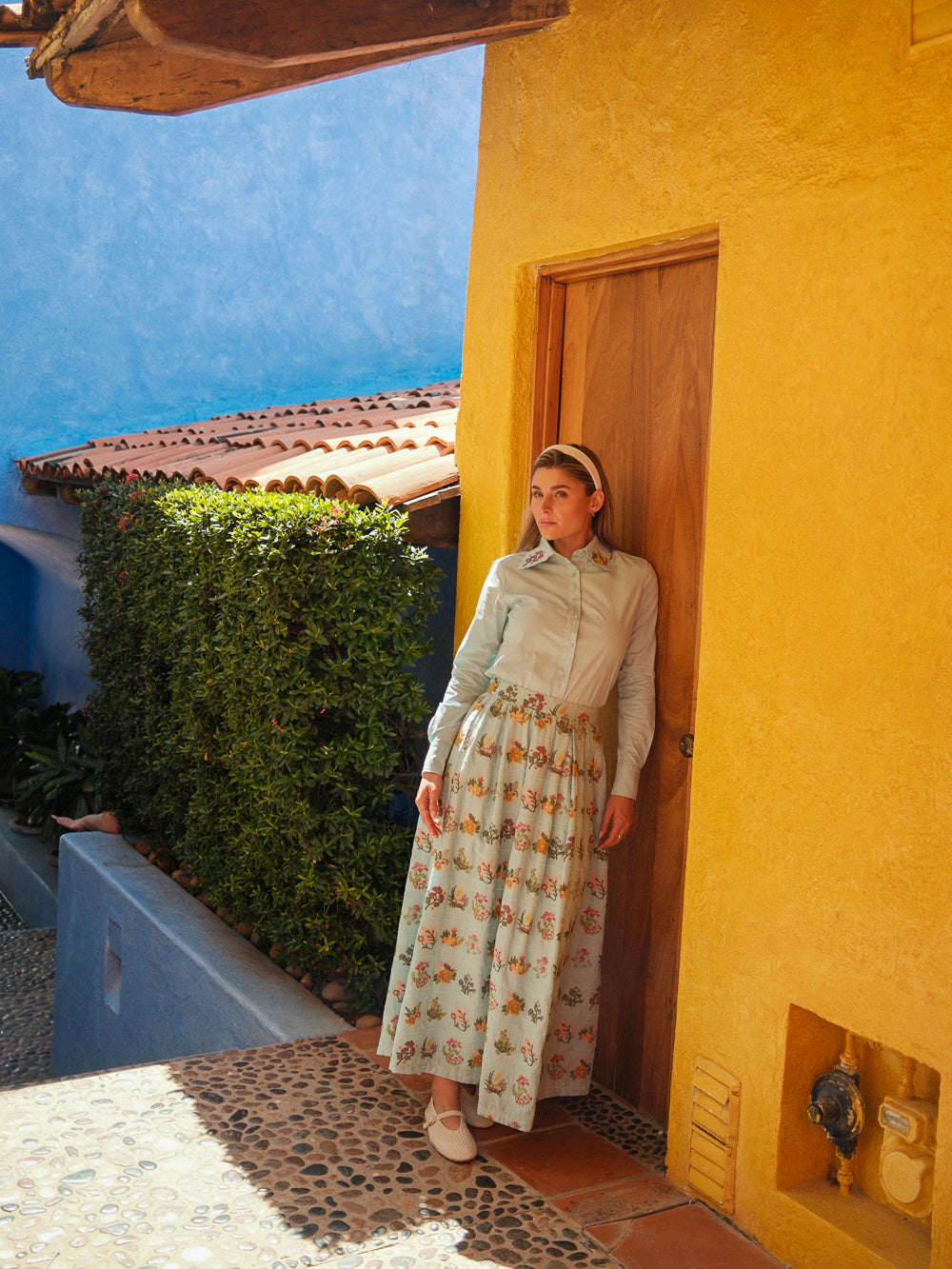 Embroidered Collar Button Down Blouse-Mint