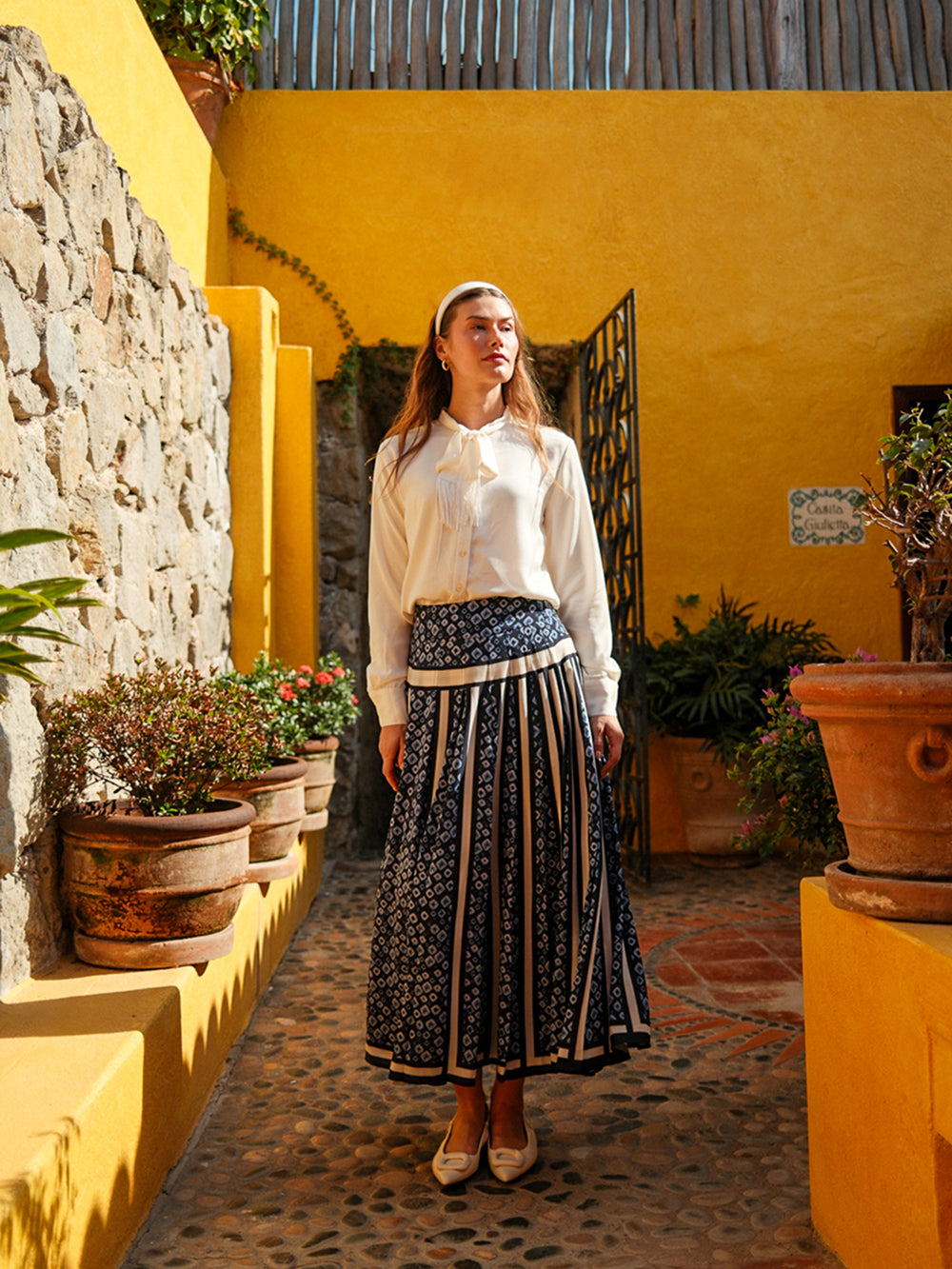 Print Yoke Pleated Skirt-Blue Geometric