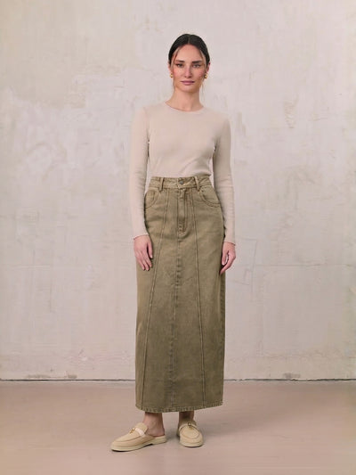 Denim Seamed Skirt-Tan Wash