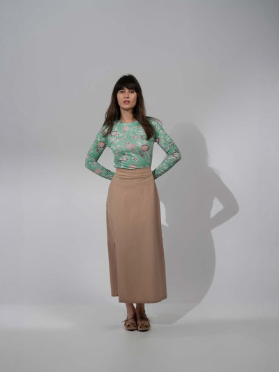 Elastic Back Maxi Cotton Blend Skirt-Tan