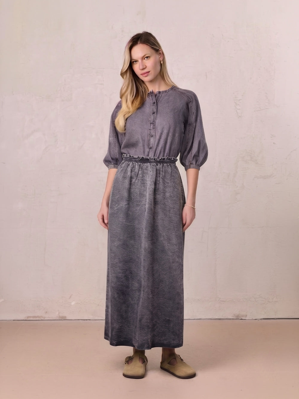 Elastic Ruffle Waist Denim Skirt-Black Wash