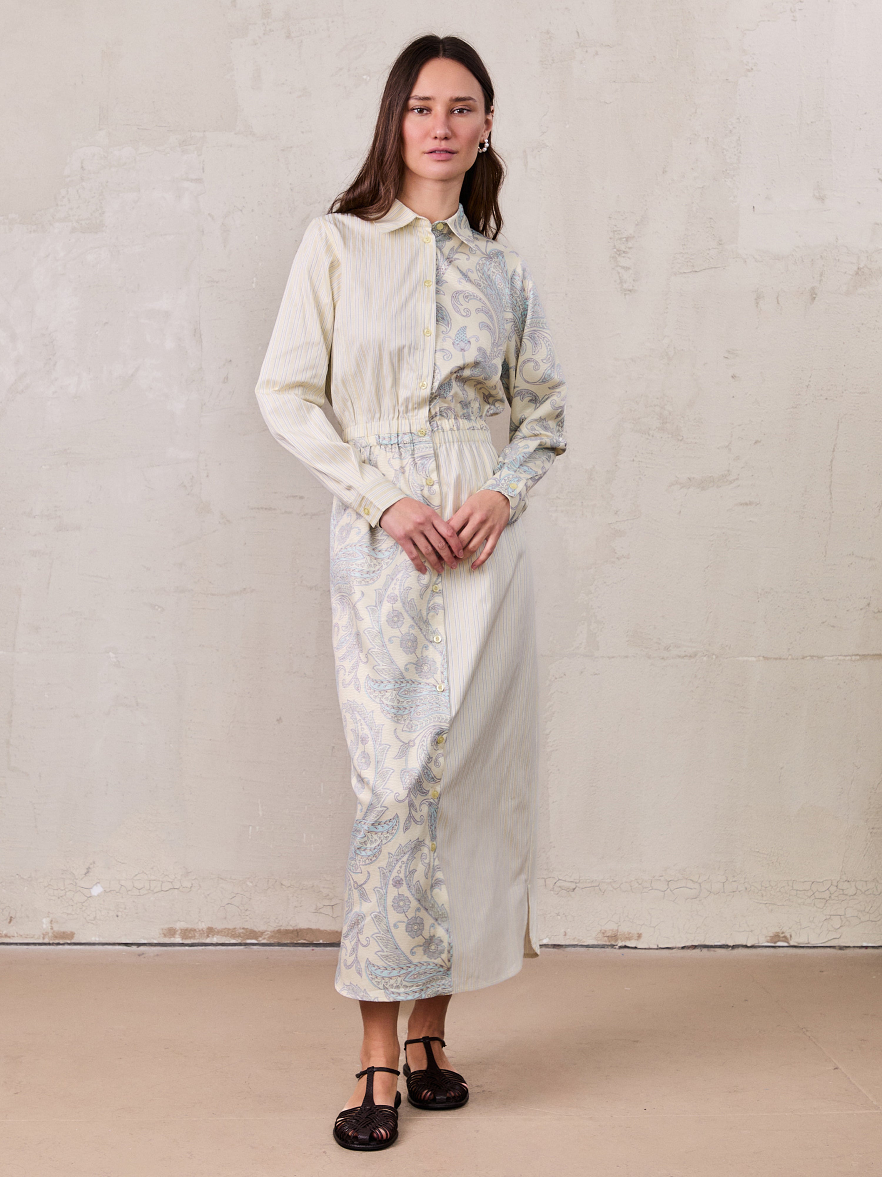 Elastic Waist Shirtdress-Mixed Floral and Stripe
