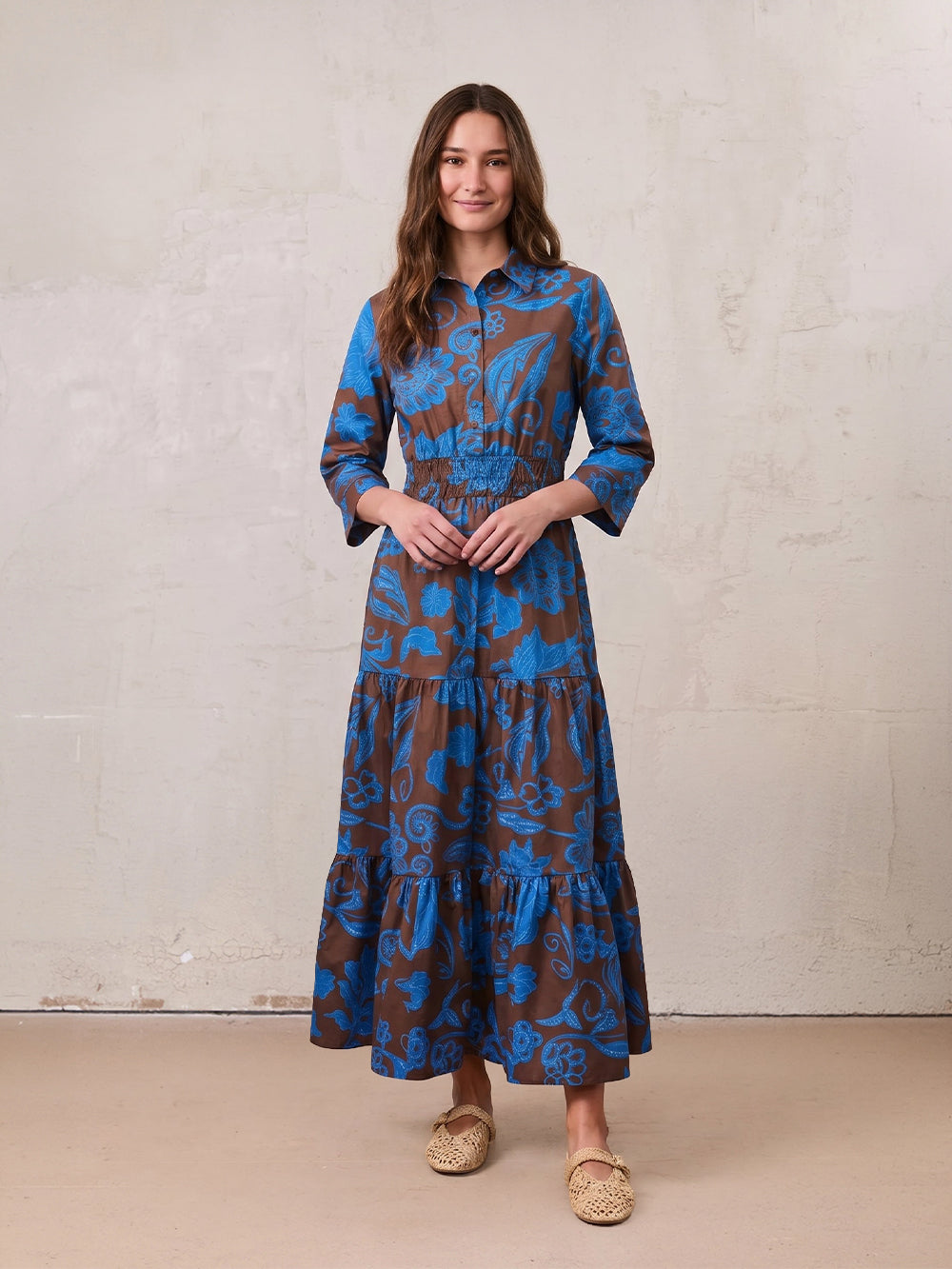 Elastic Waist Tiered Shirtdress-Brown/Blue Floral