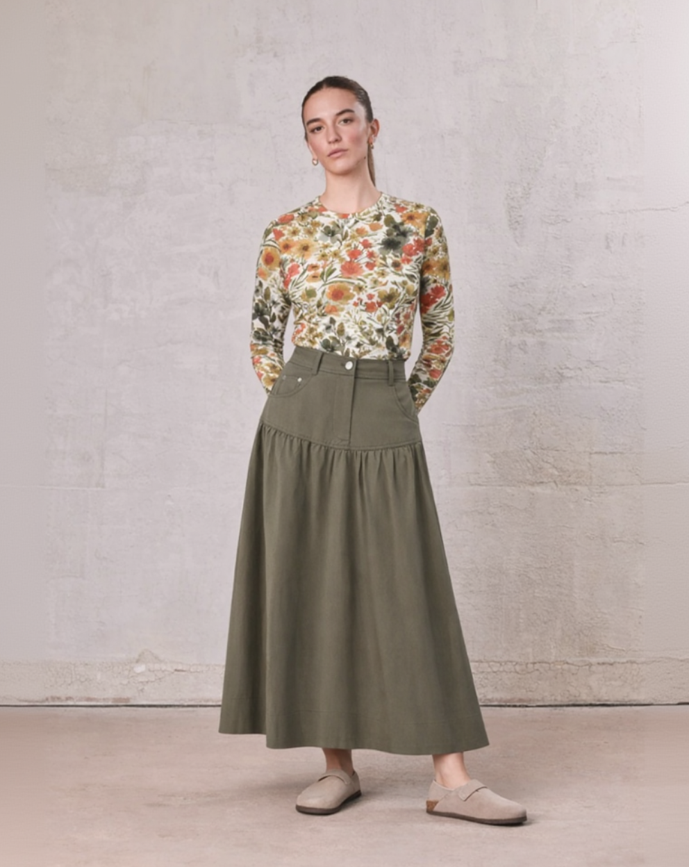 Gathered Drop Waist Yoke Skirt-Olive