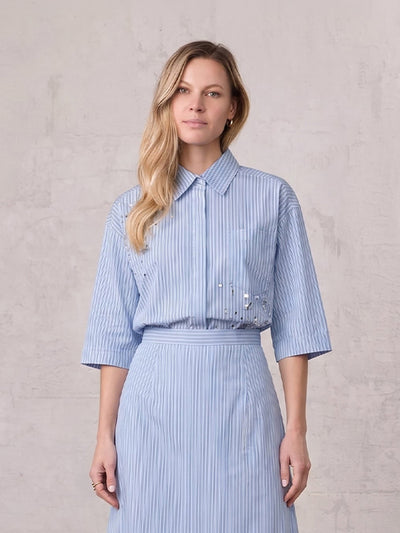 Embelished Pinstripe Crop Blouse-Blue/White