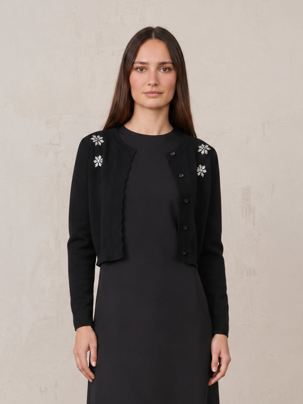 Embellished Cluster Crop Cardigan-Black