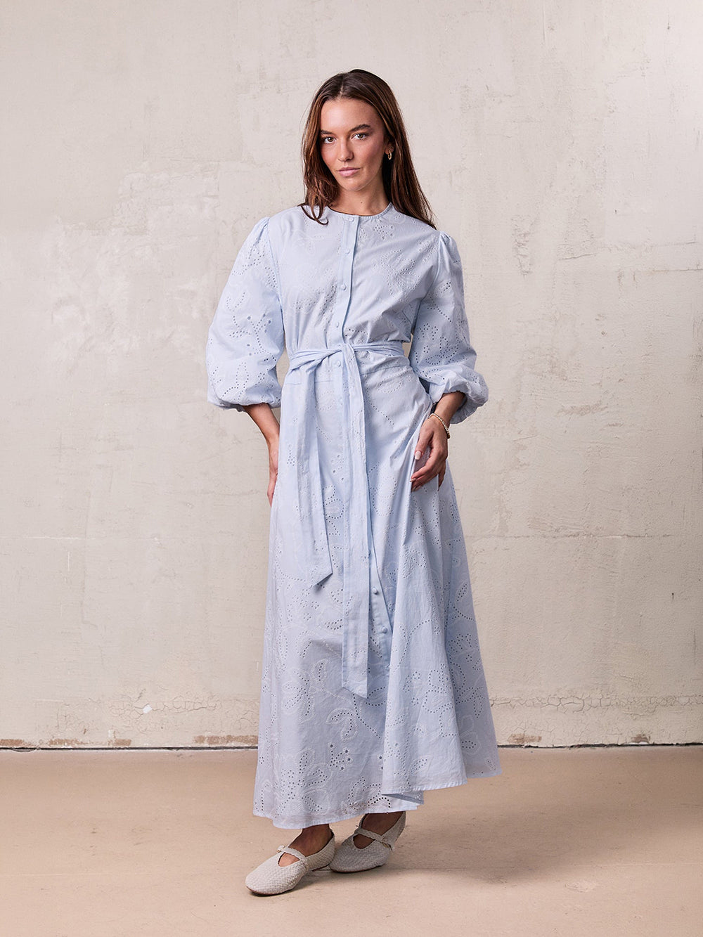 Eyelet Belted A-Line Shirtdress-Light Blue – Fame on Central