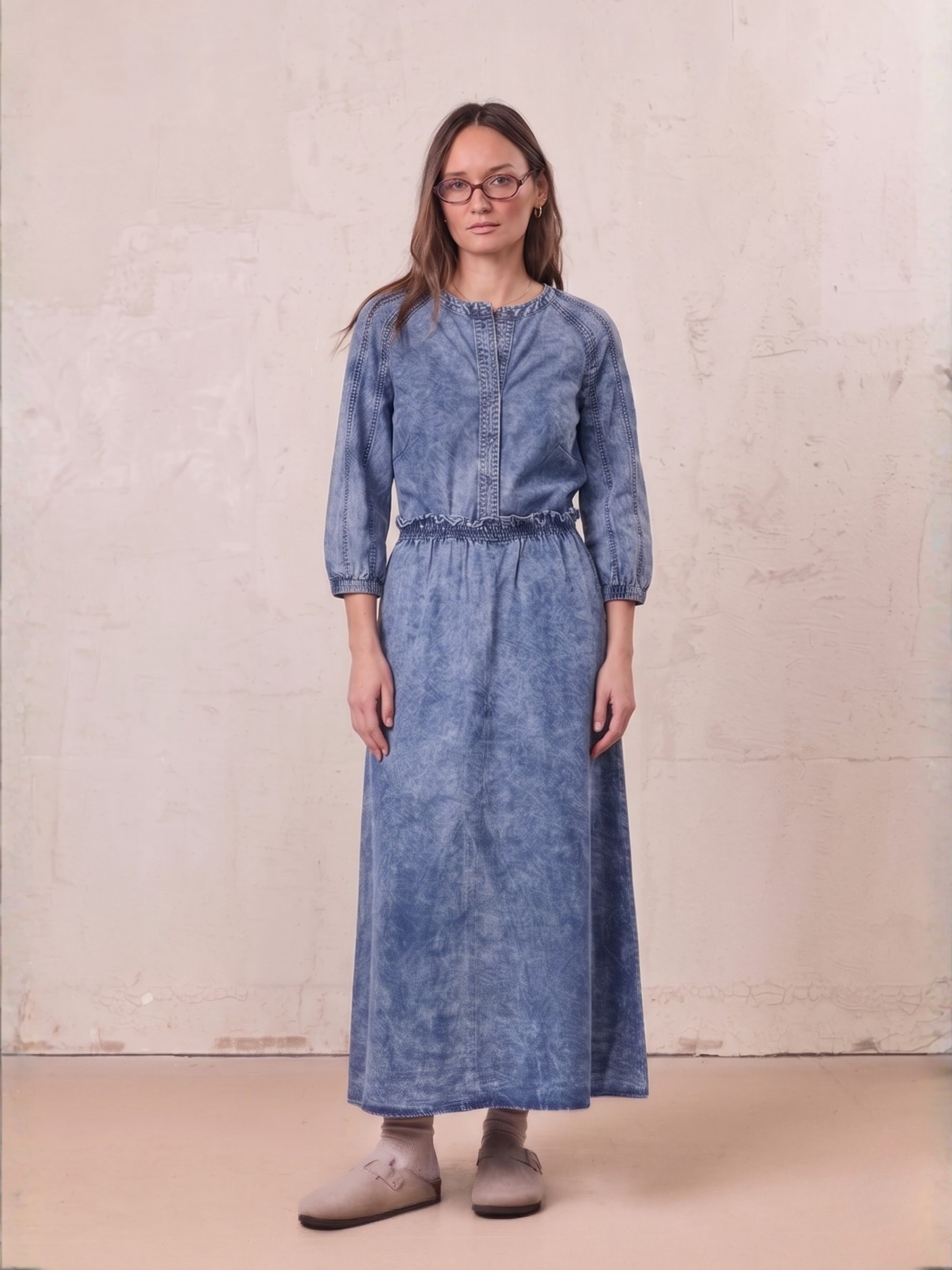 Elastic Ruffle Waist Denim Skirt-Blue Wash