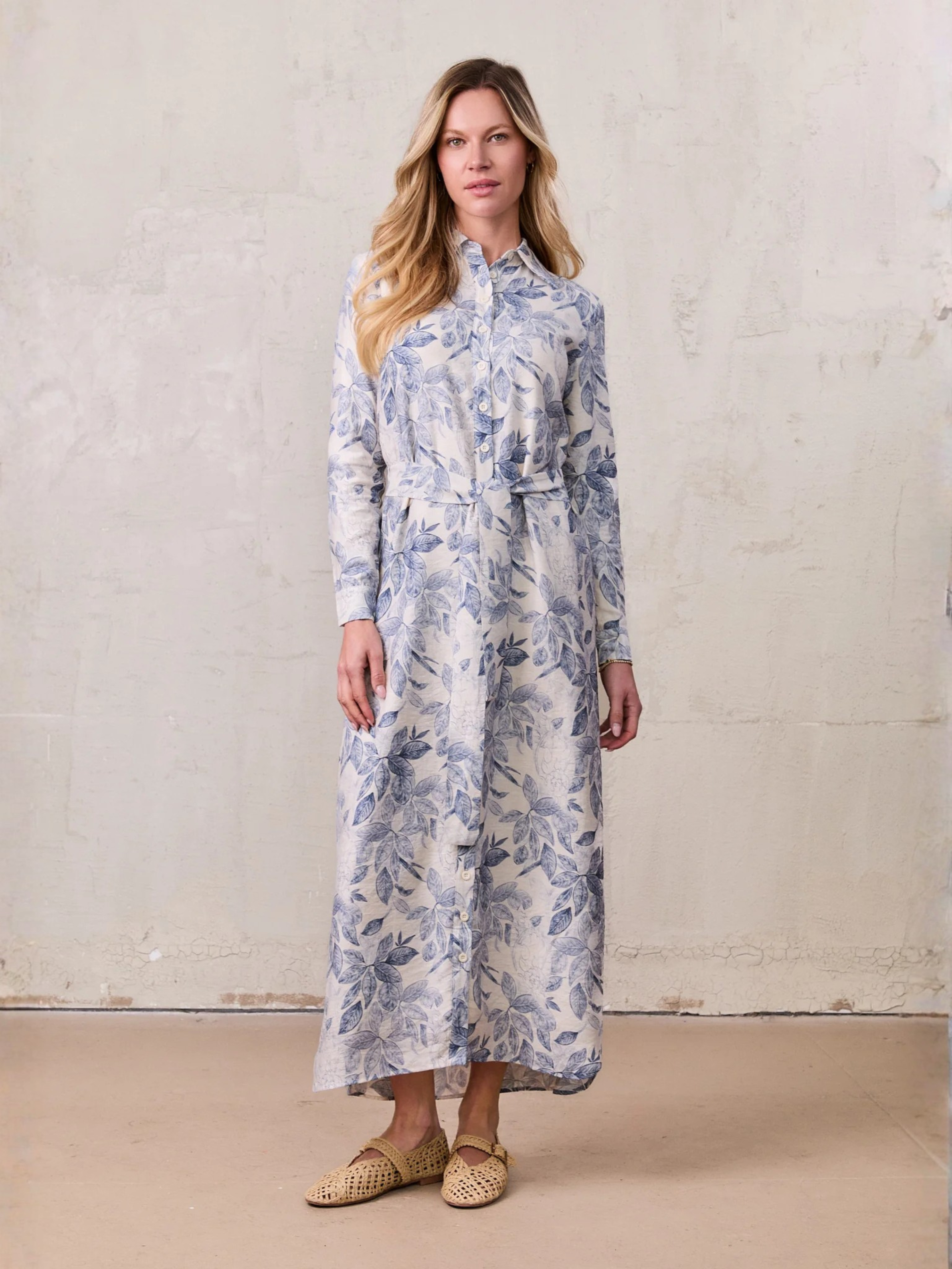 Long Button Down Shirtdress-Blue Leaves