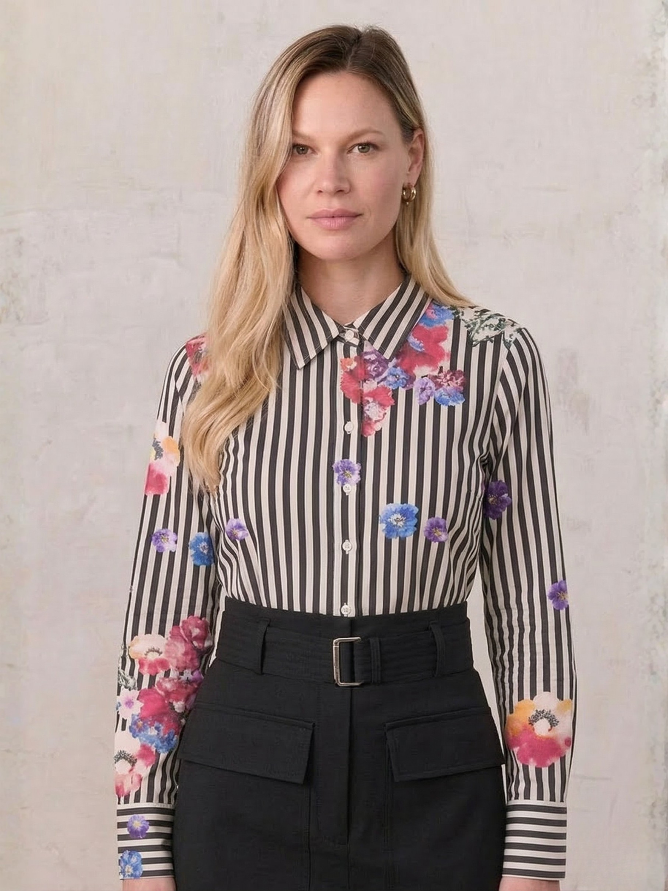 Printed Crinkle Button Down Blouse-Floral Stripe