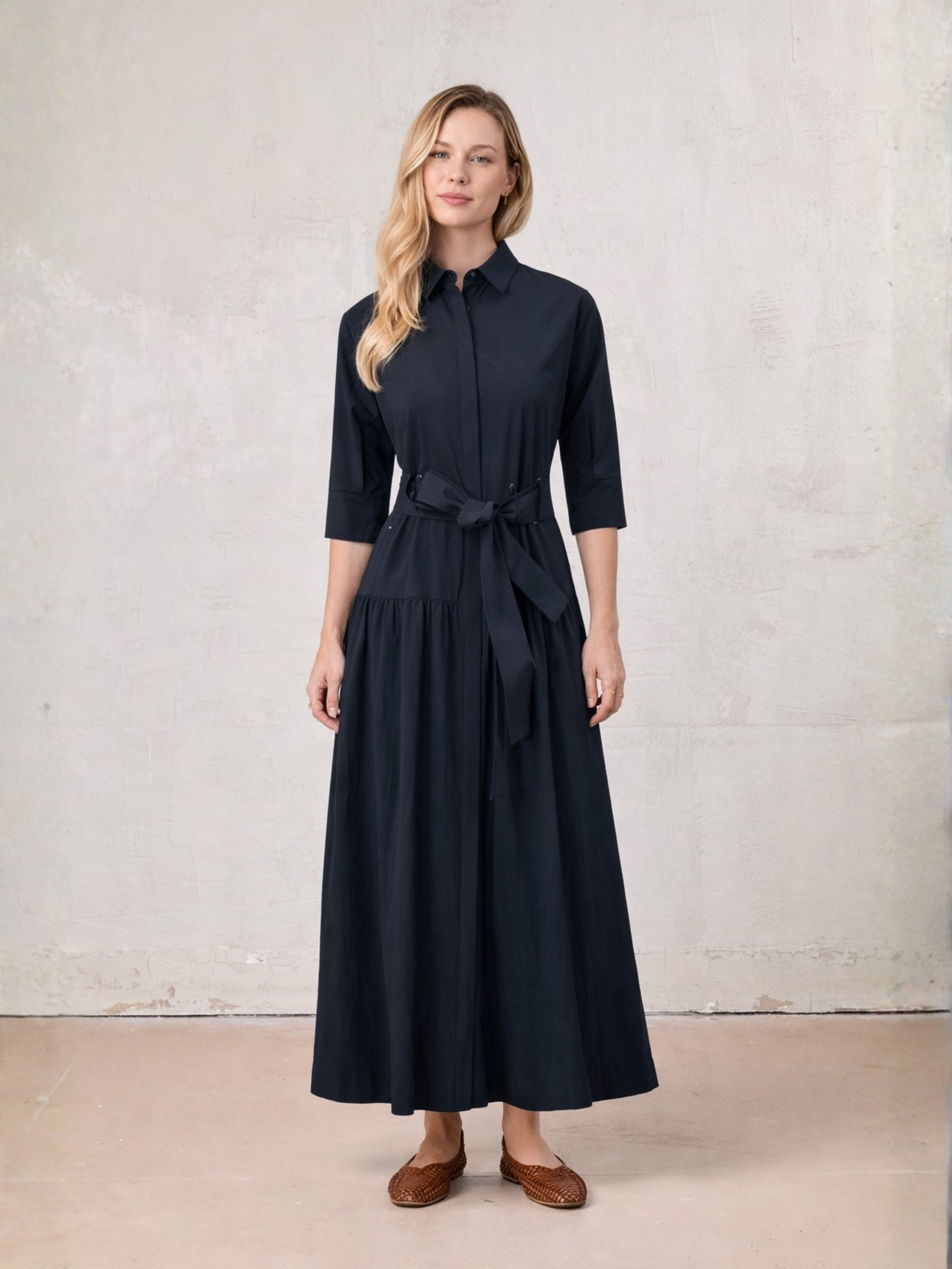 Cotton Yoke Gathered Dress-Navy