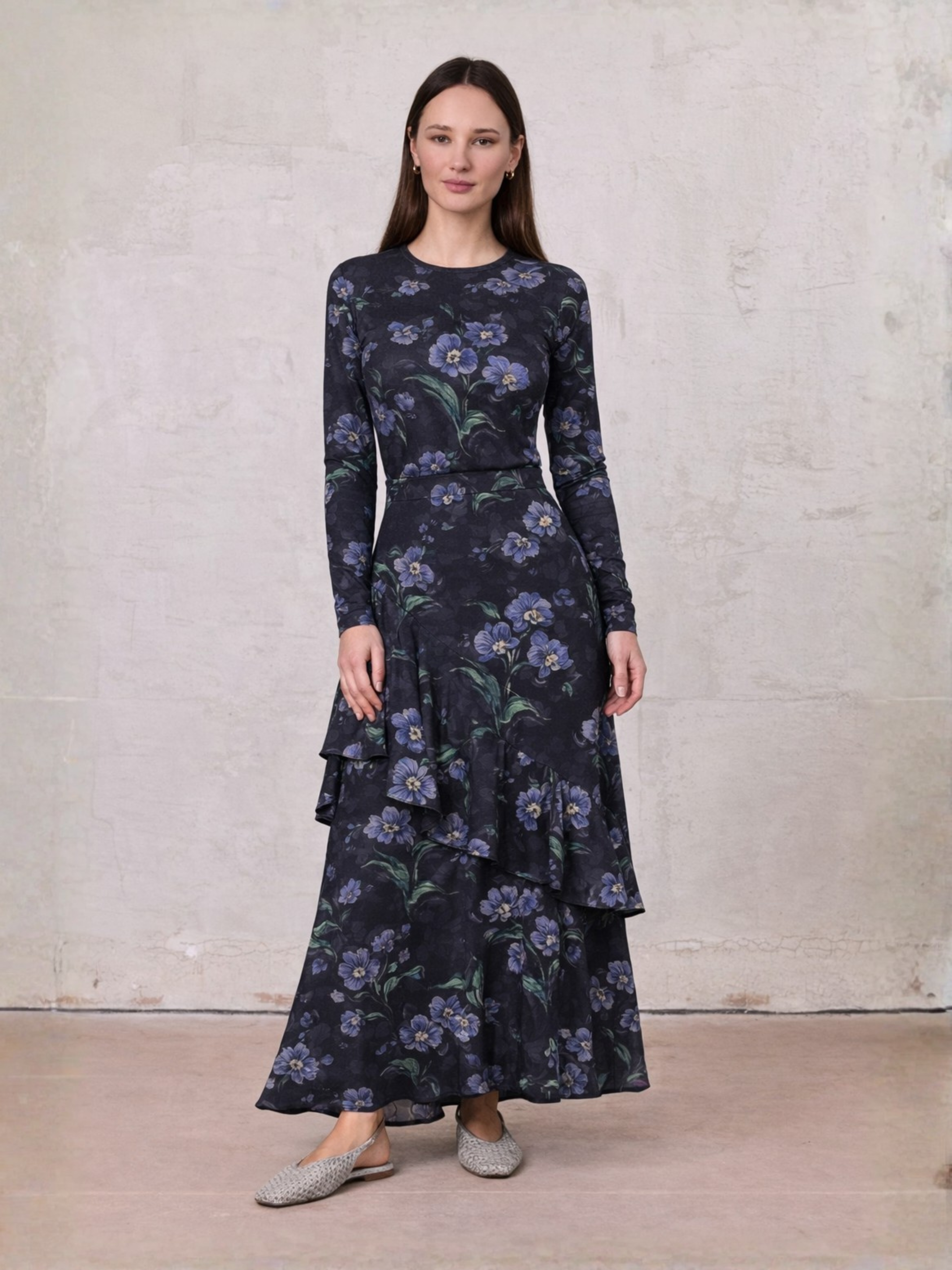 Asymmetrical Ruffle Skirt-Blue Floral