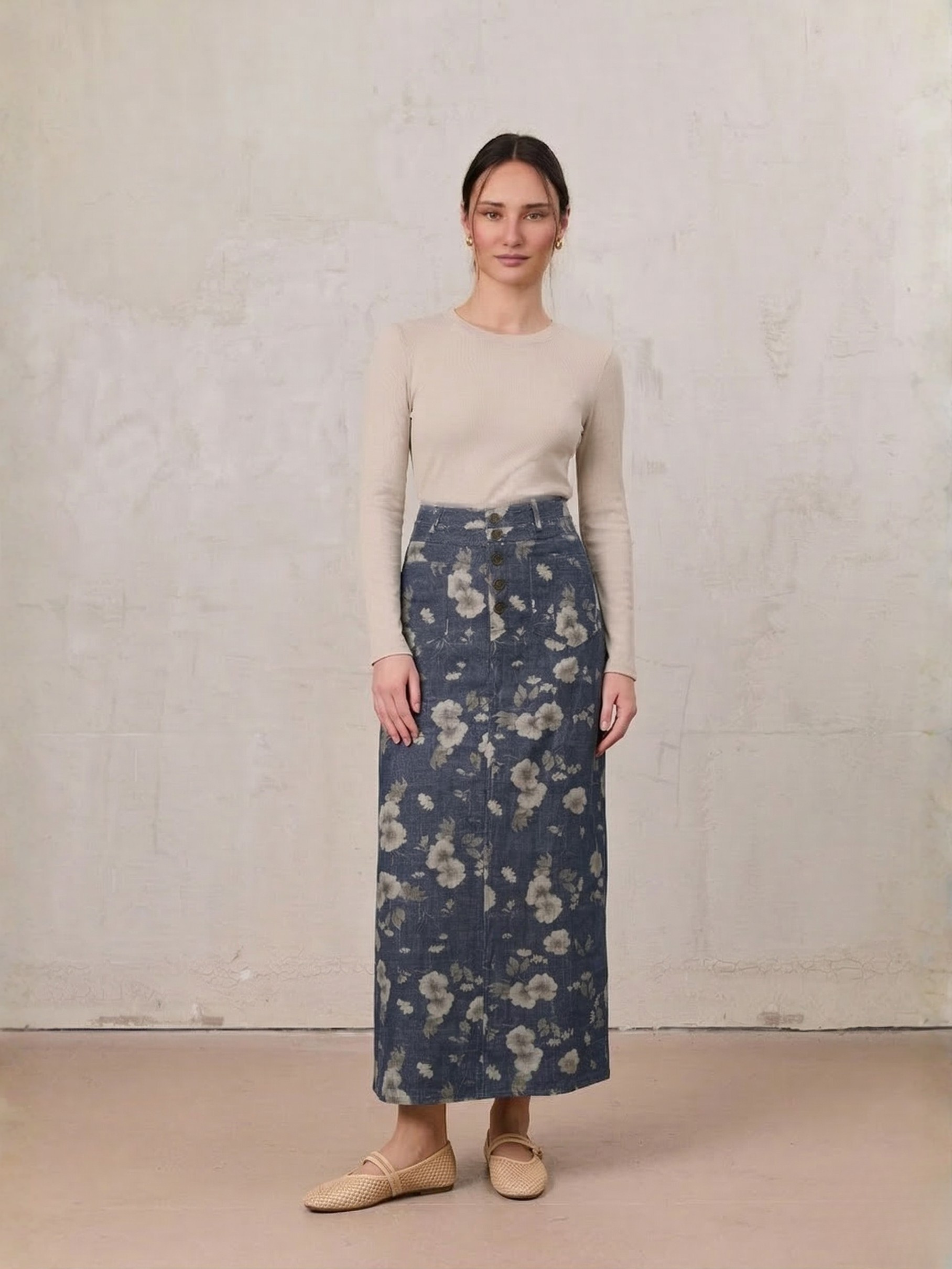 Straight Maxi Denim Skirt-Plaid Tan Floral