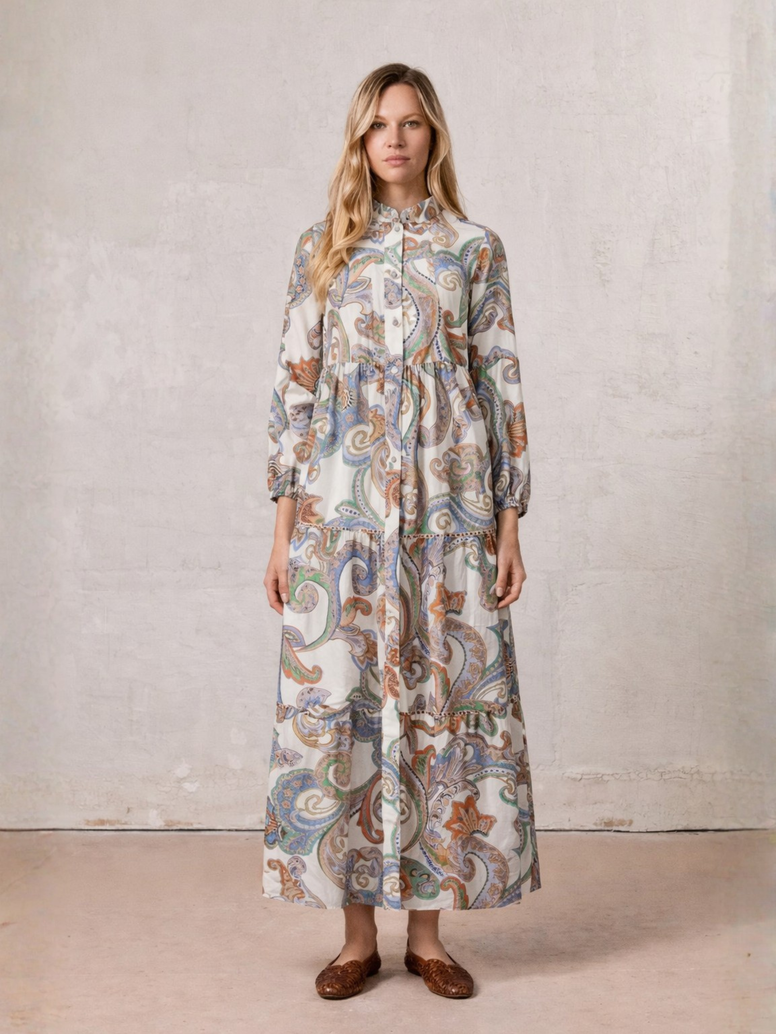 Peasant Belted Dress-Paisley Floral