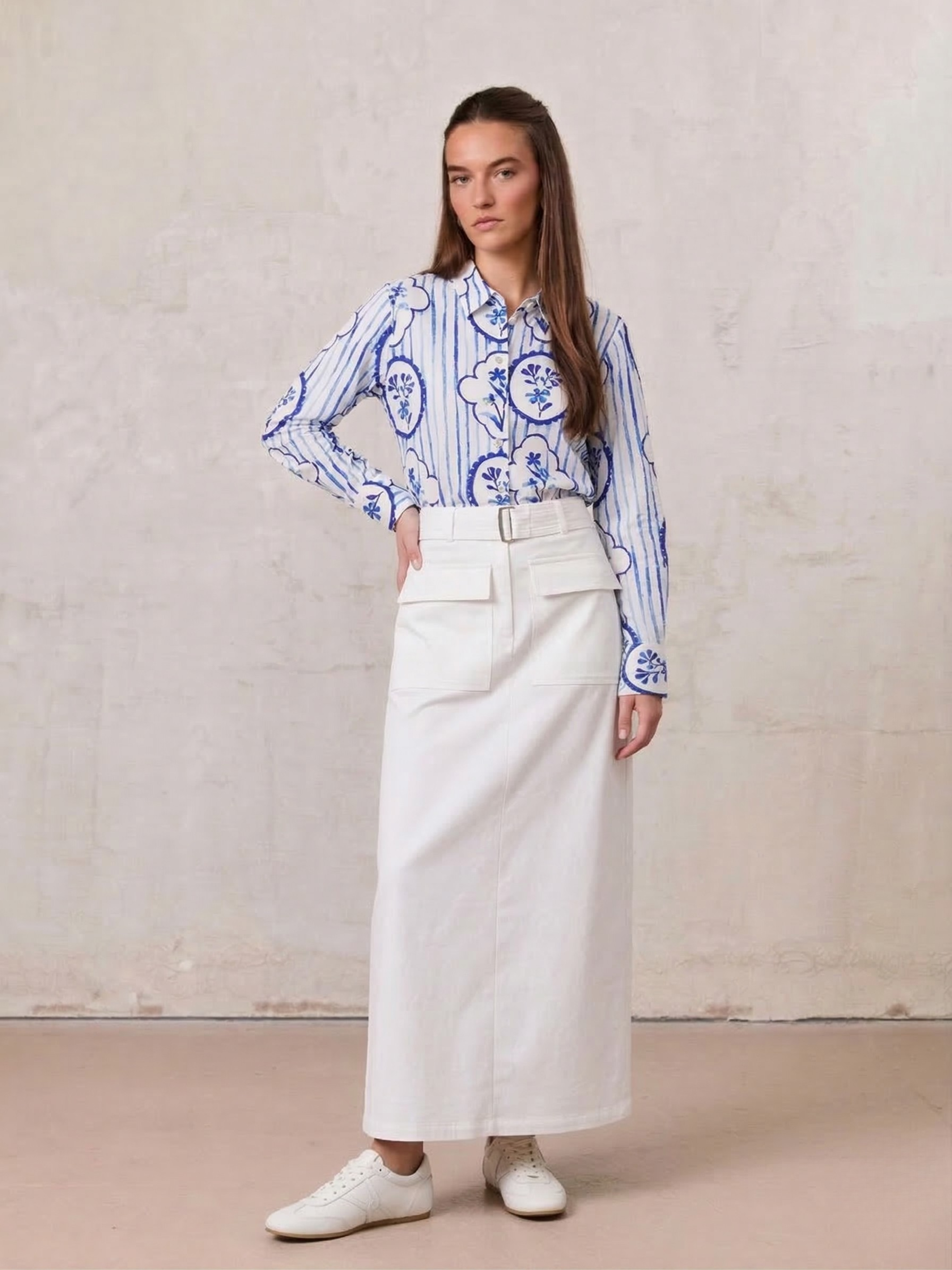 Belted Straight Cargo Pocket Skirt-White