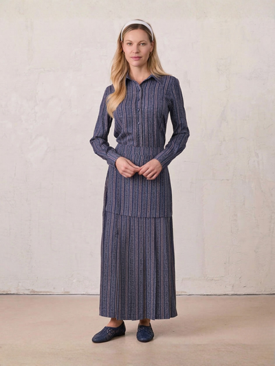 Pleat Bottom Flower Print Skirt-Blue Striped Medallion
