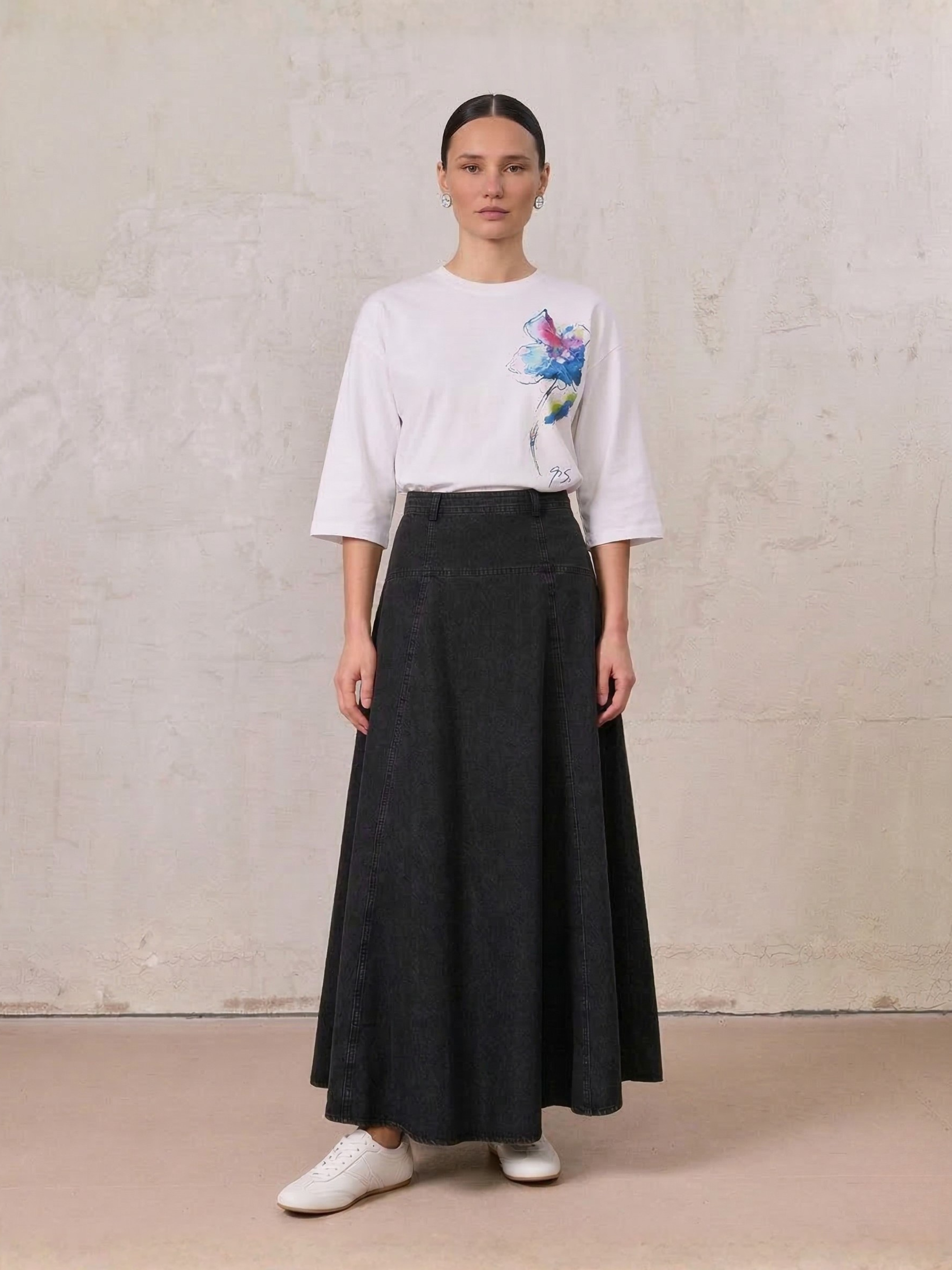 Denim Yoke Circle Skirt-Black