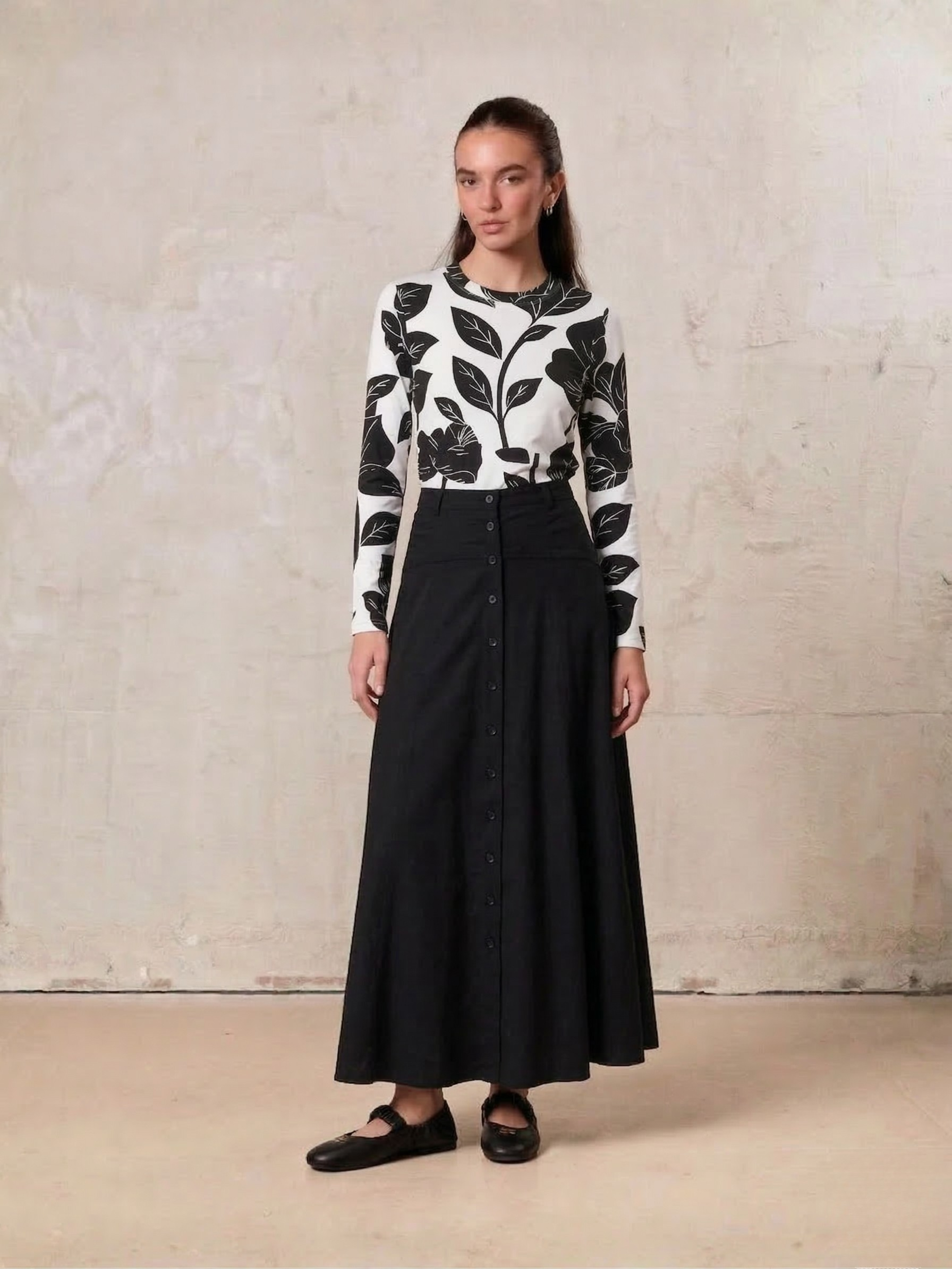 Tencel Yoke Button Down Skirt-Black