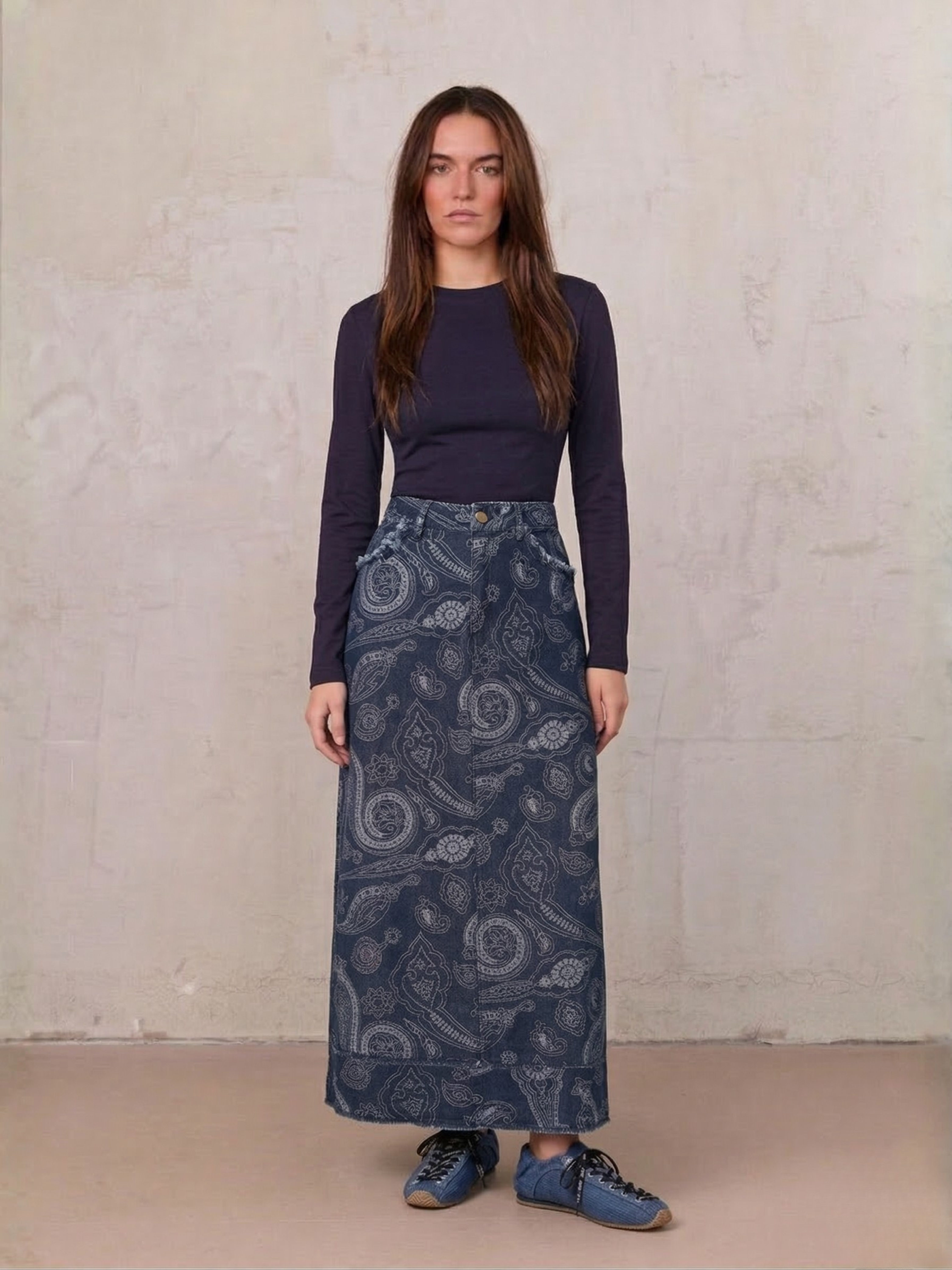 Printed Fringe Denim Skirt-Paisley Print