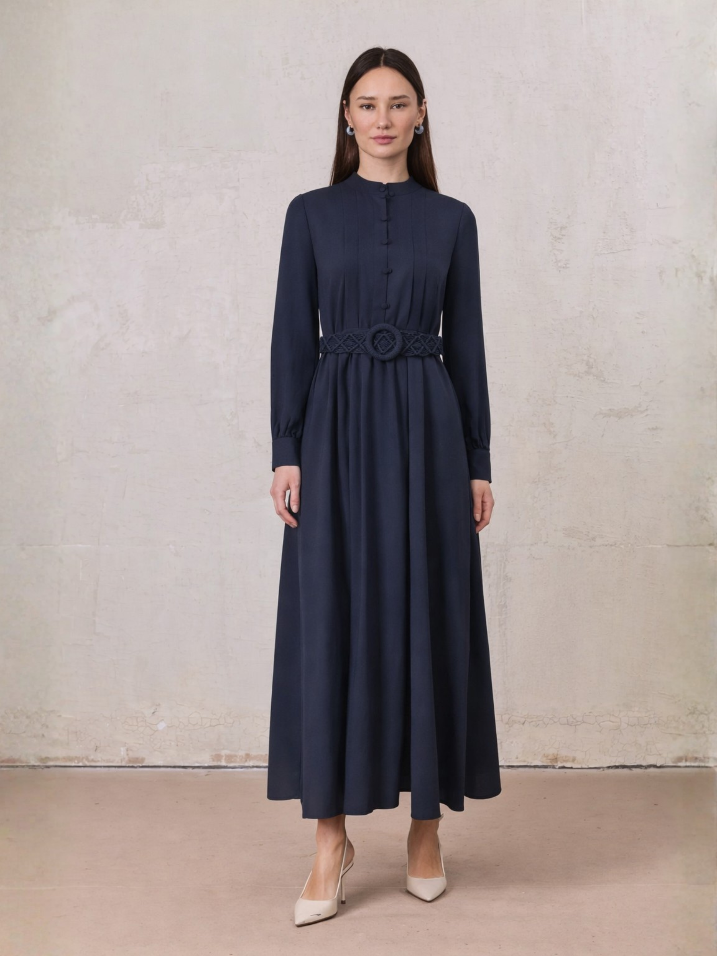 Pleat Top Silk/Linen Blend Dress-Navy