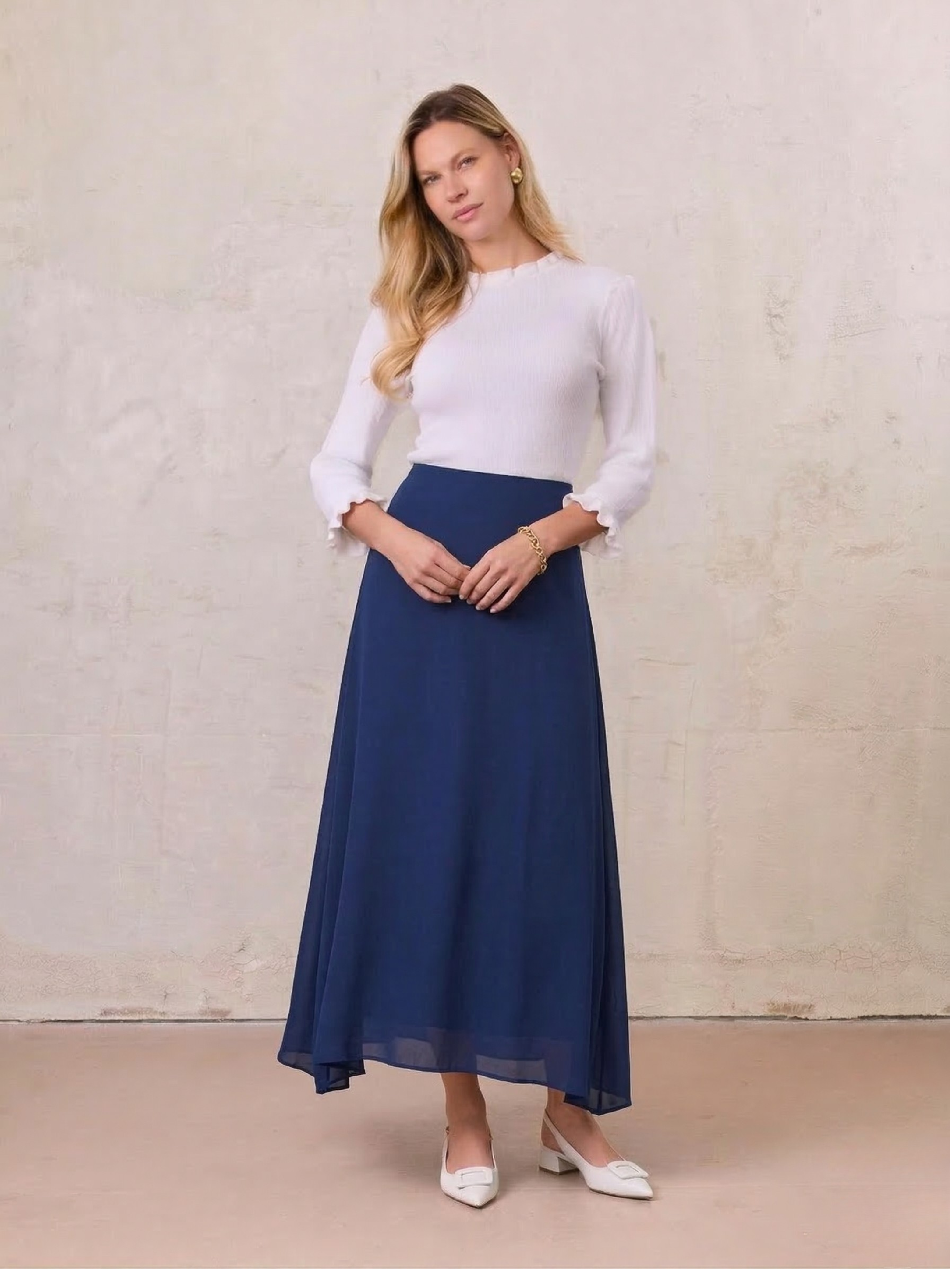 Curved Hem Maxi Skirt-Navy