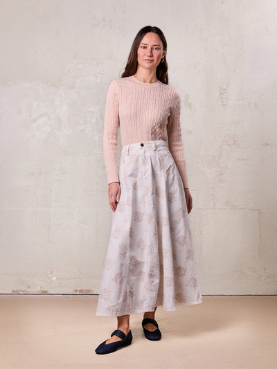 Floral Print Seamed Denim Skirt-White and Pink Floral