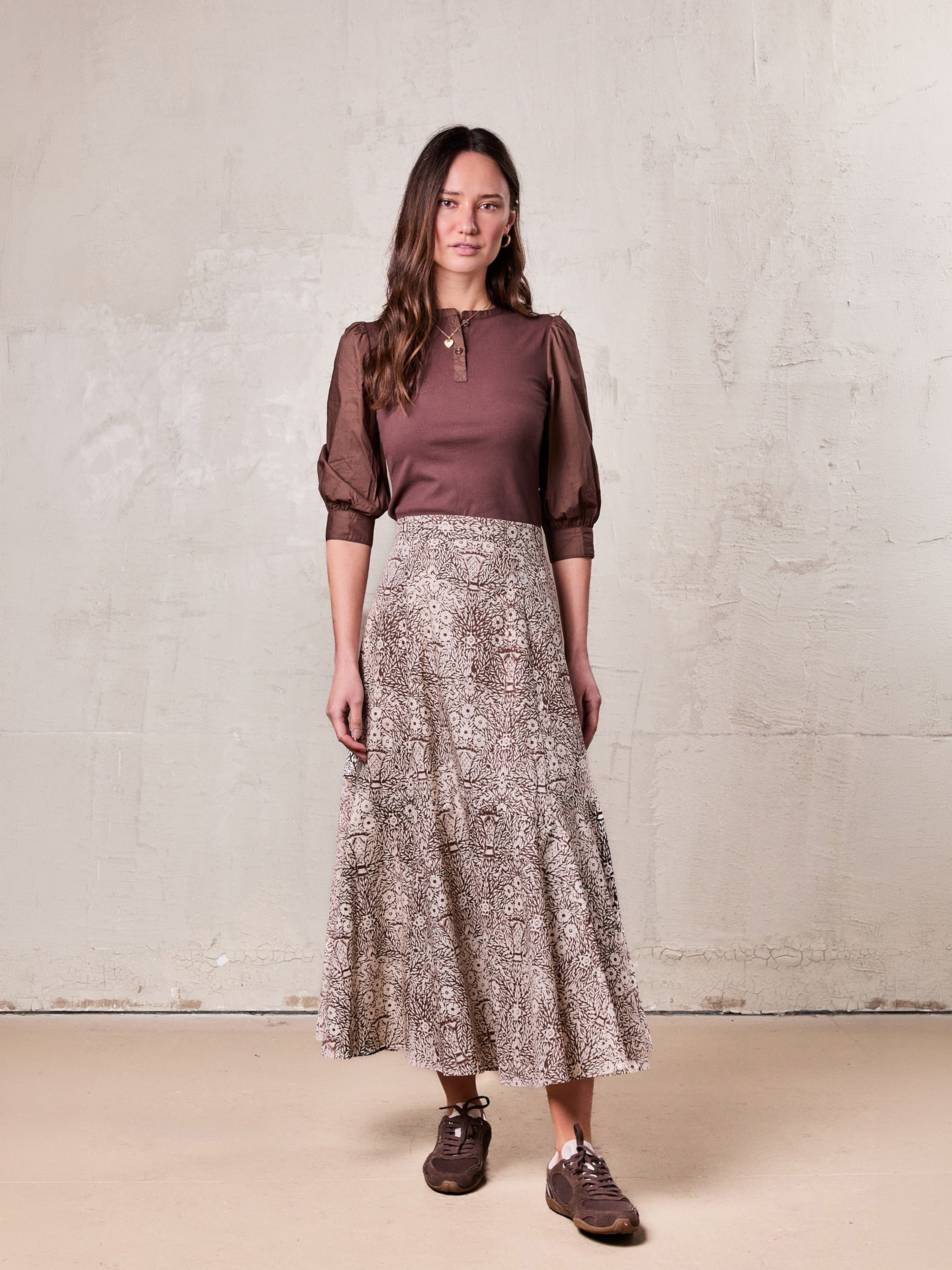 Floral Print Trumpet Skirt-Brown