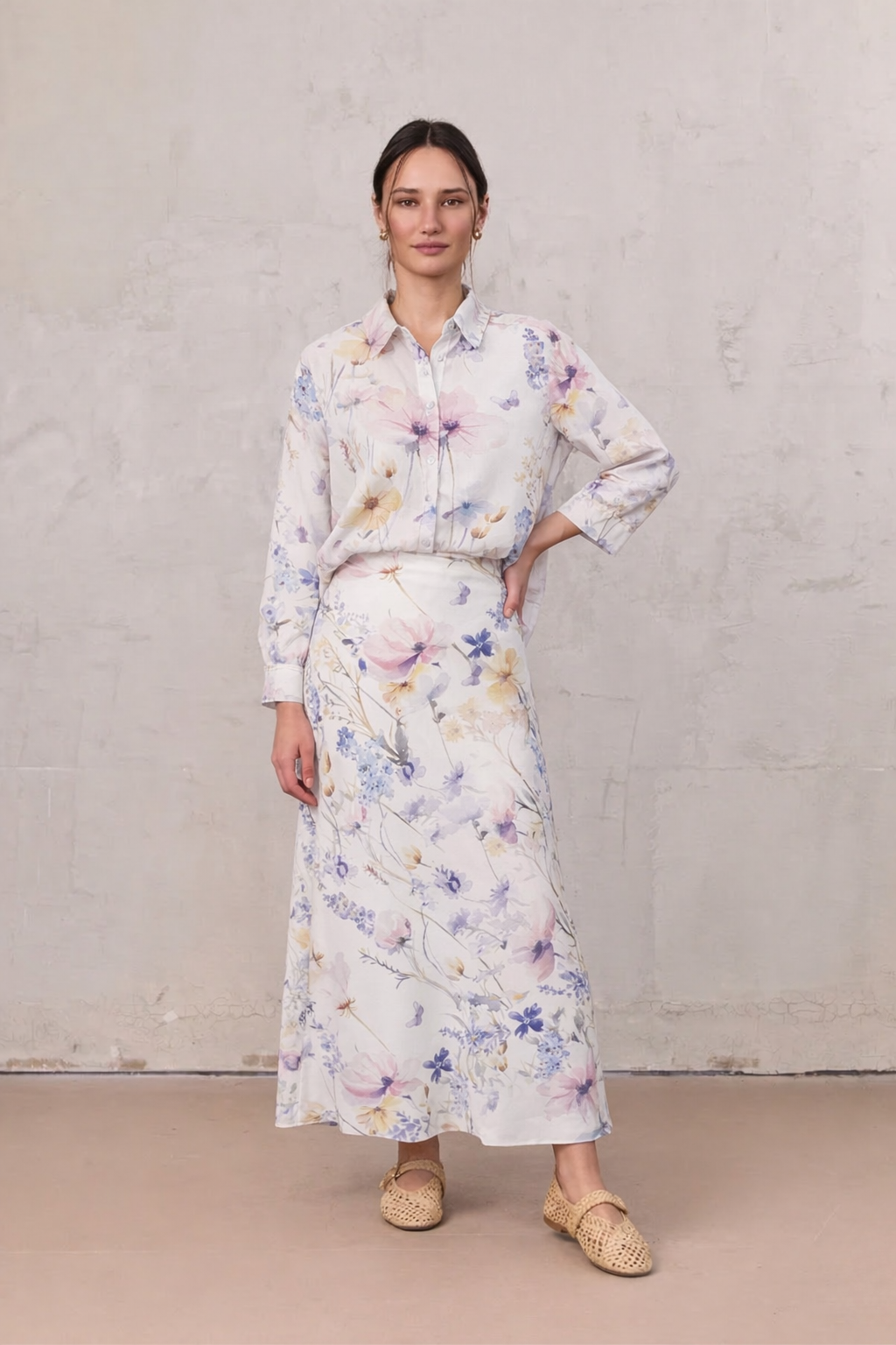 Printed Linen Blend Blouse-Scattered Flowers