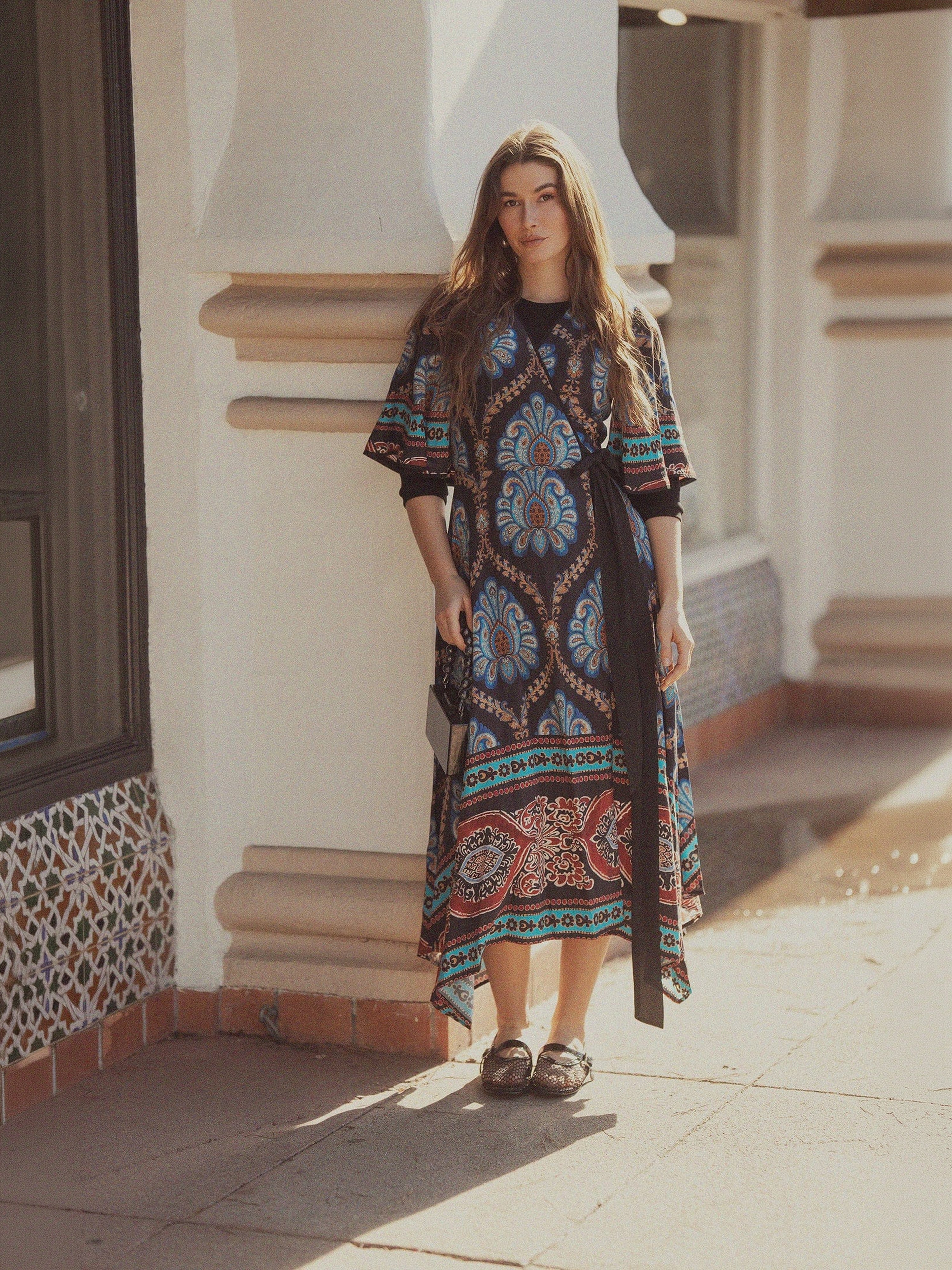 Flutter Sleeve Wrap Dress-Blue Medallion