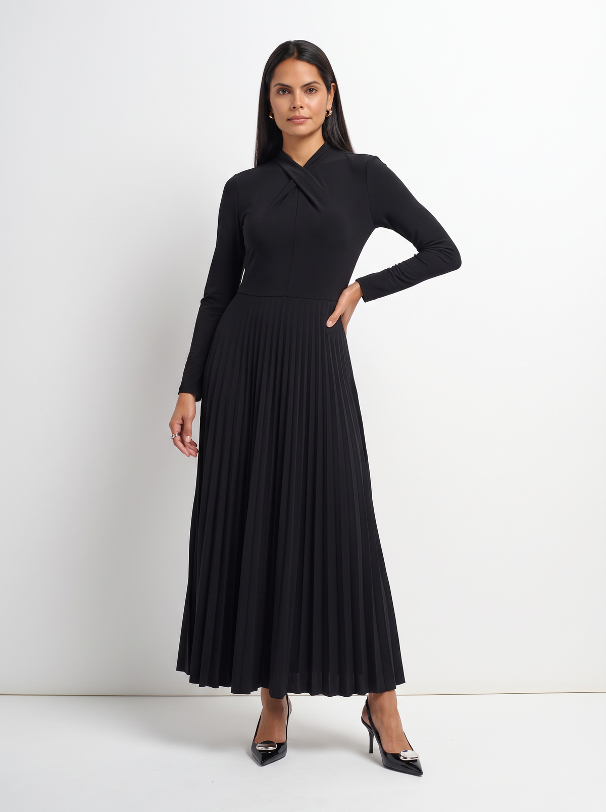 Front Knot Pleat Dress 50"-Black