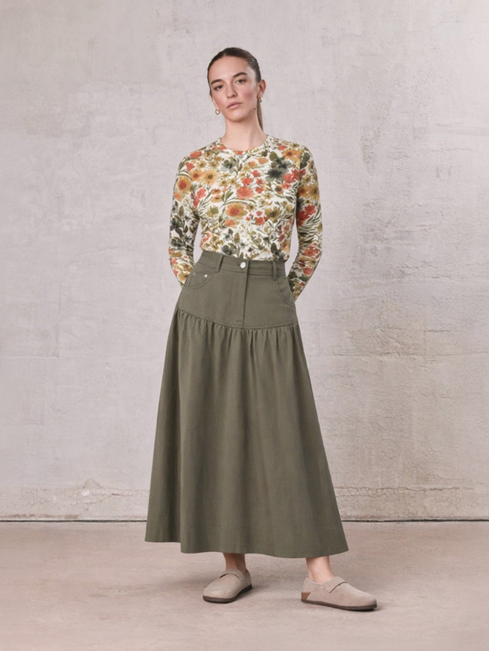 Gathered Drop Waist Yoke Skirt-Olive