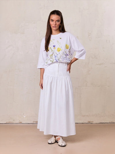 Gathered Drop Waist Yoke Skirt-White