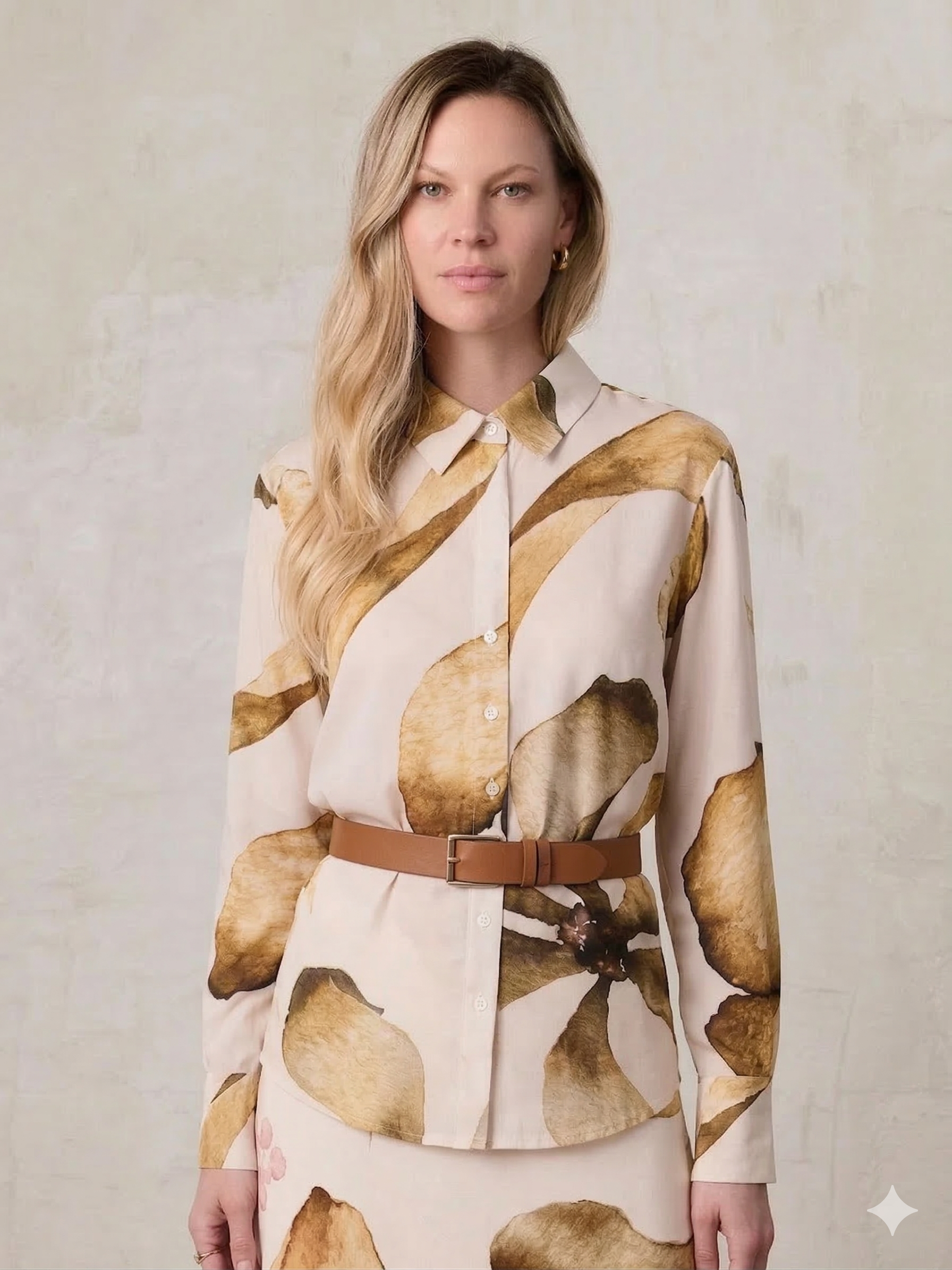 Printed Linen Blend Blouse-Brown Floral