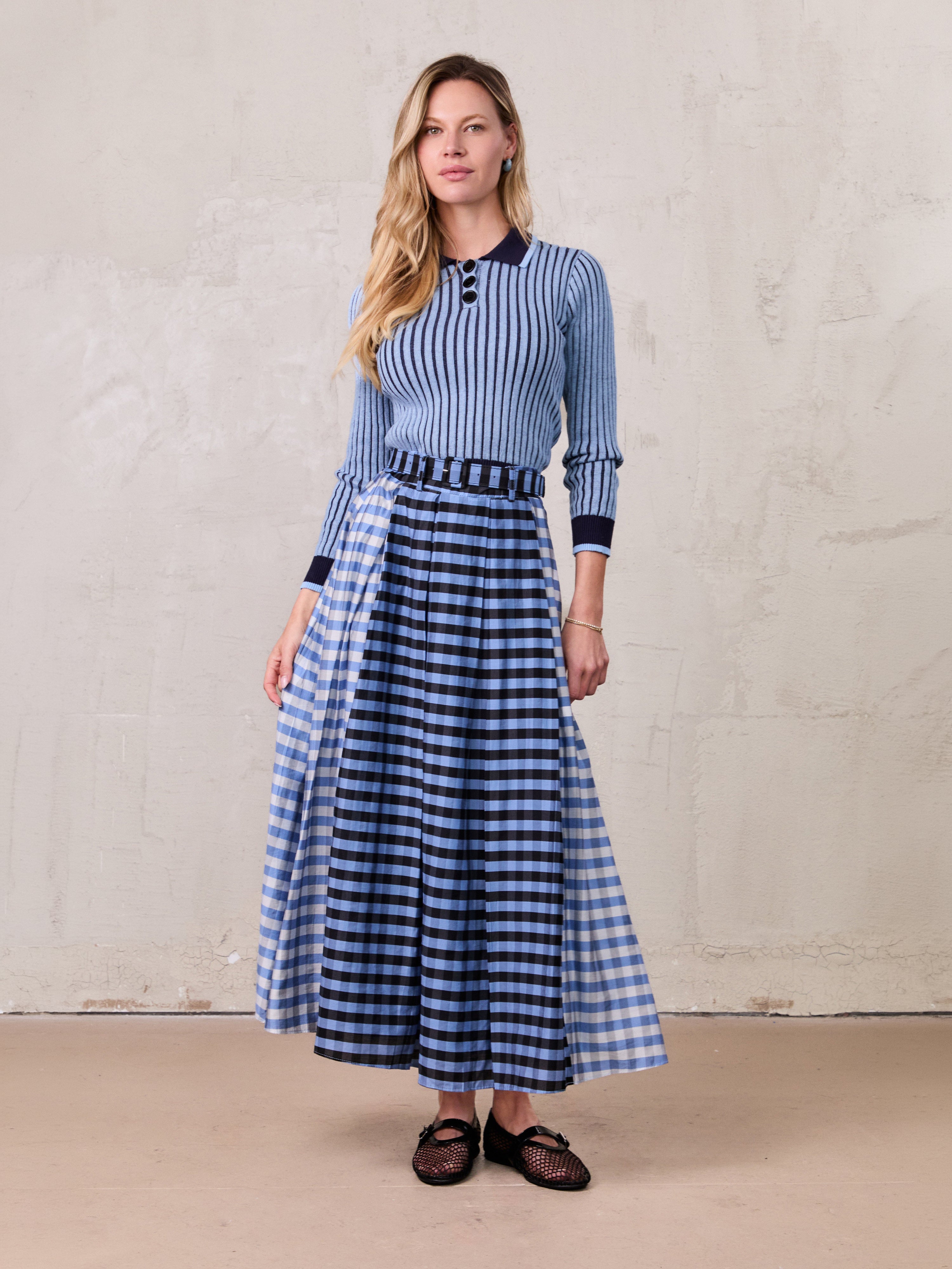 Gingham Two Color Box Pleat Skirt-Blue