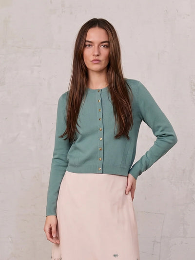 Gold Button Crop Cardigan-Sage