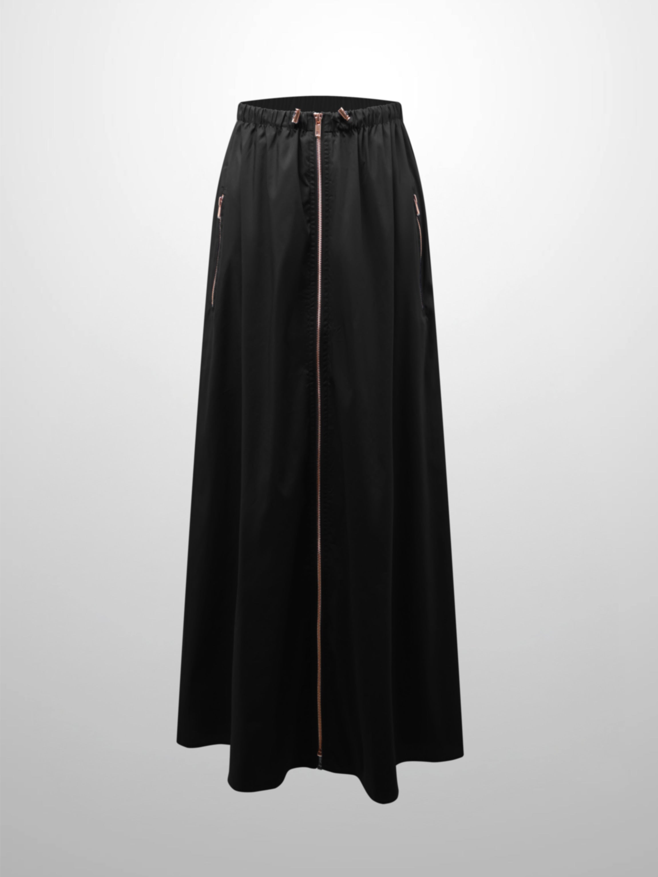 Front Zipper Cotton Circle Skirt-Black