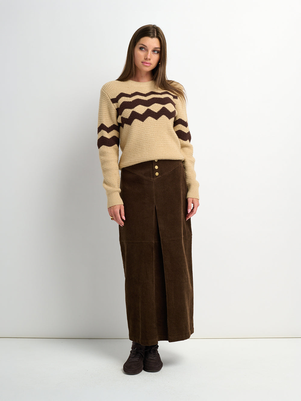 Corduroy Front Pleat Skirt - Dark Brown
