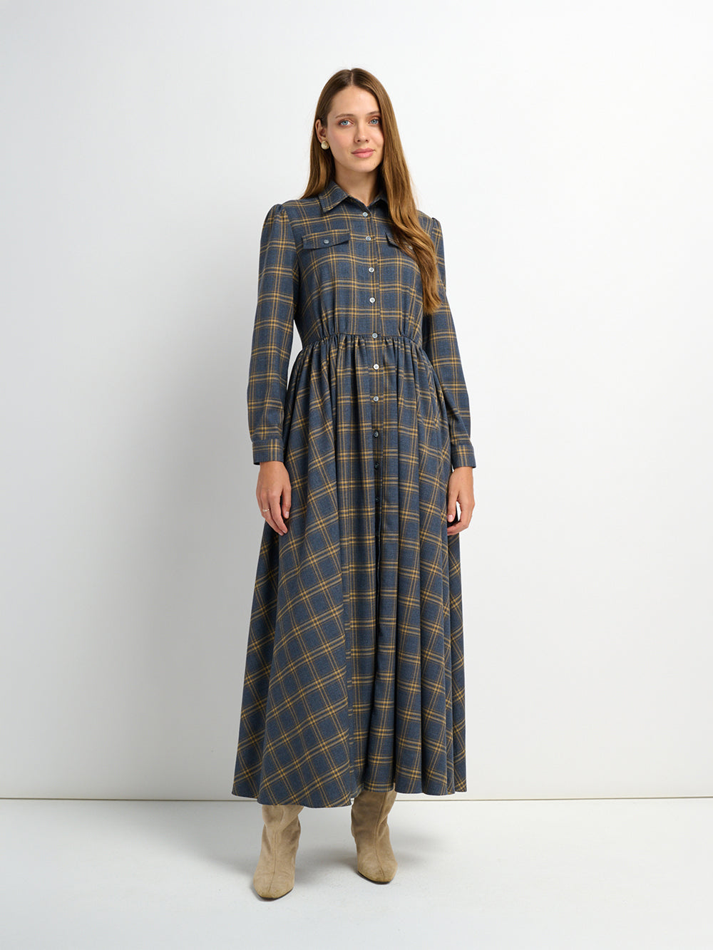 Full Maxi Plaid Shirt Dress - Grey/Yellow