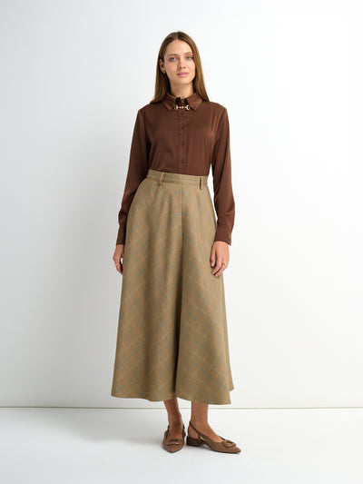 Full Circle Waisted Skirt - Brown Herringbone Plaid