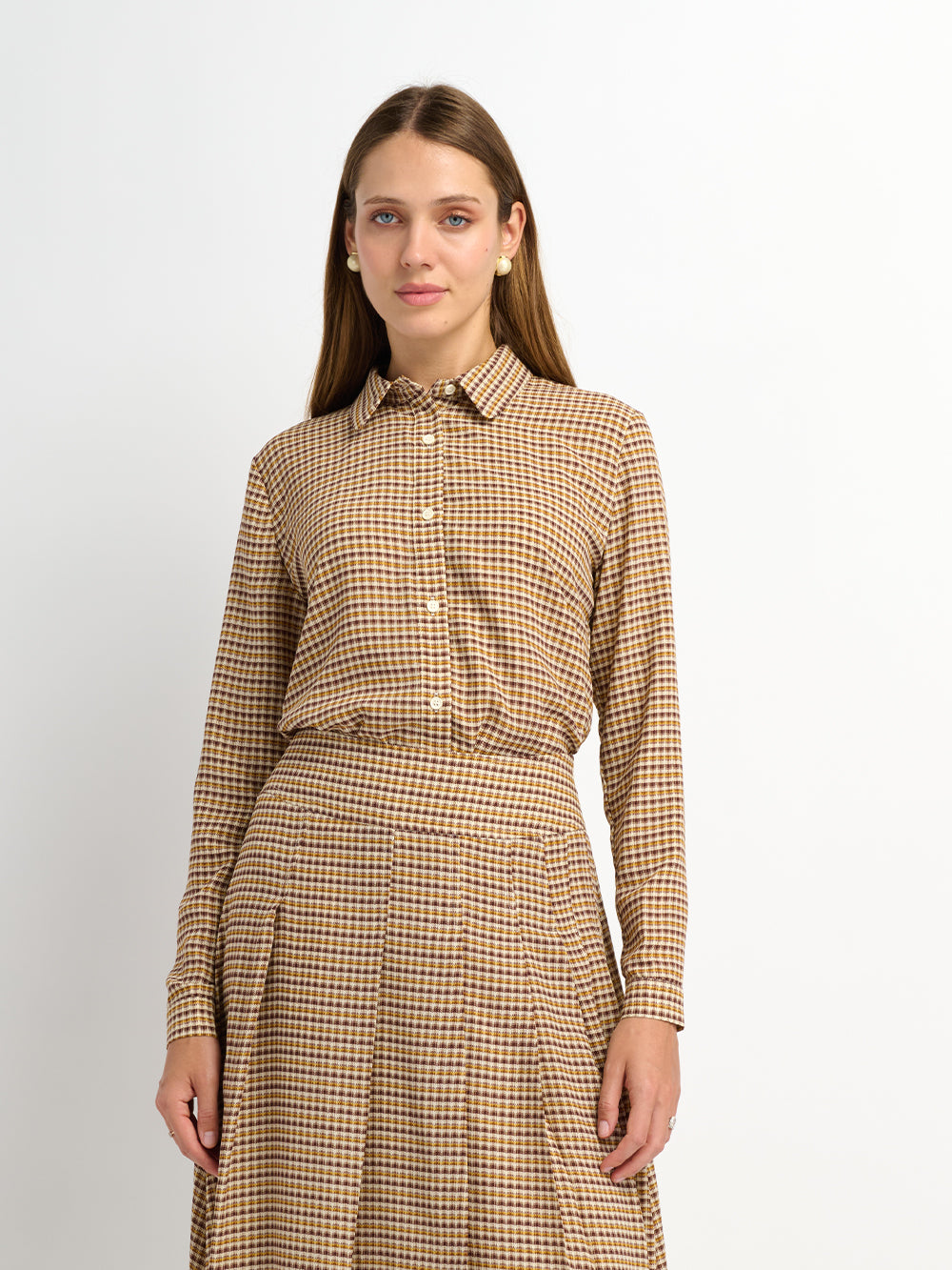 Plaid Button Down Blouse - Brown