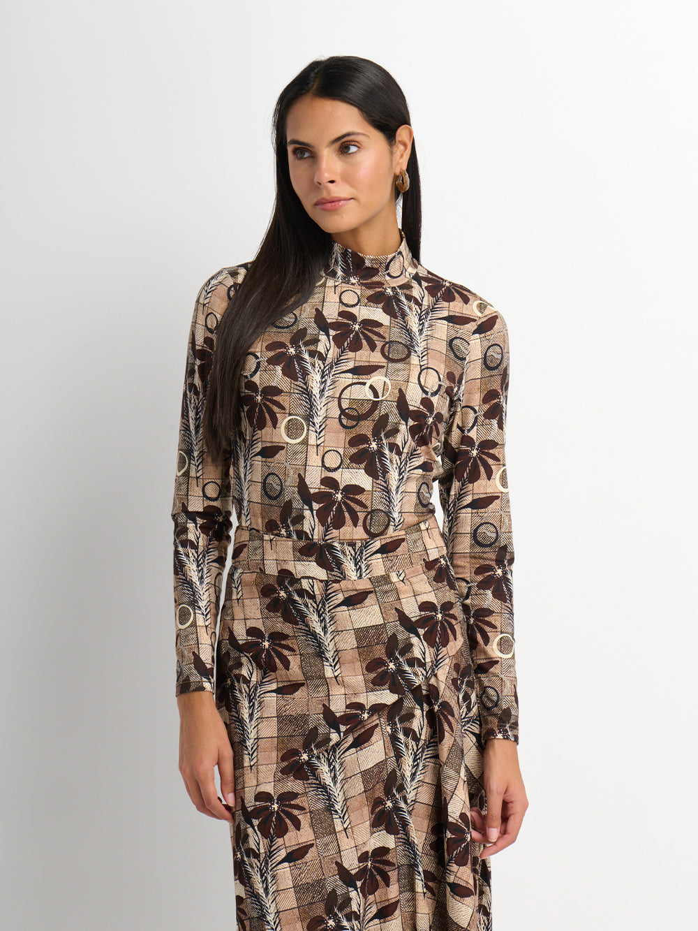 Printed Modal Turtleneck - Brown Plaid