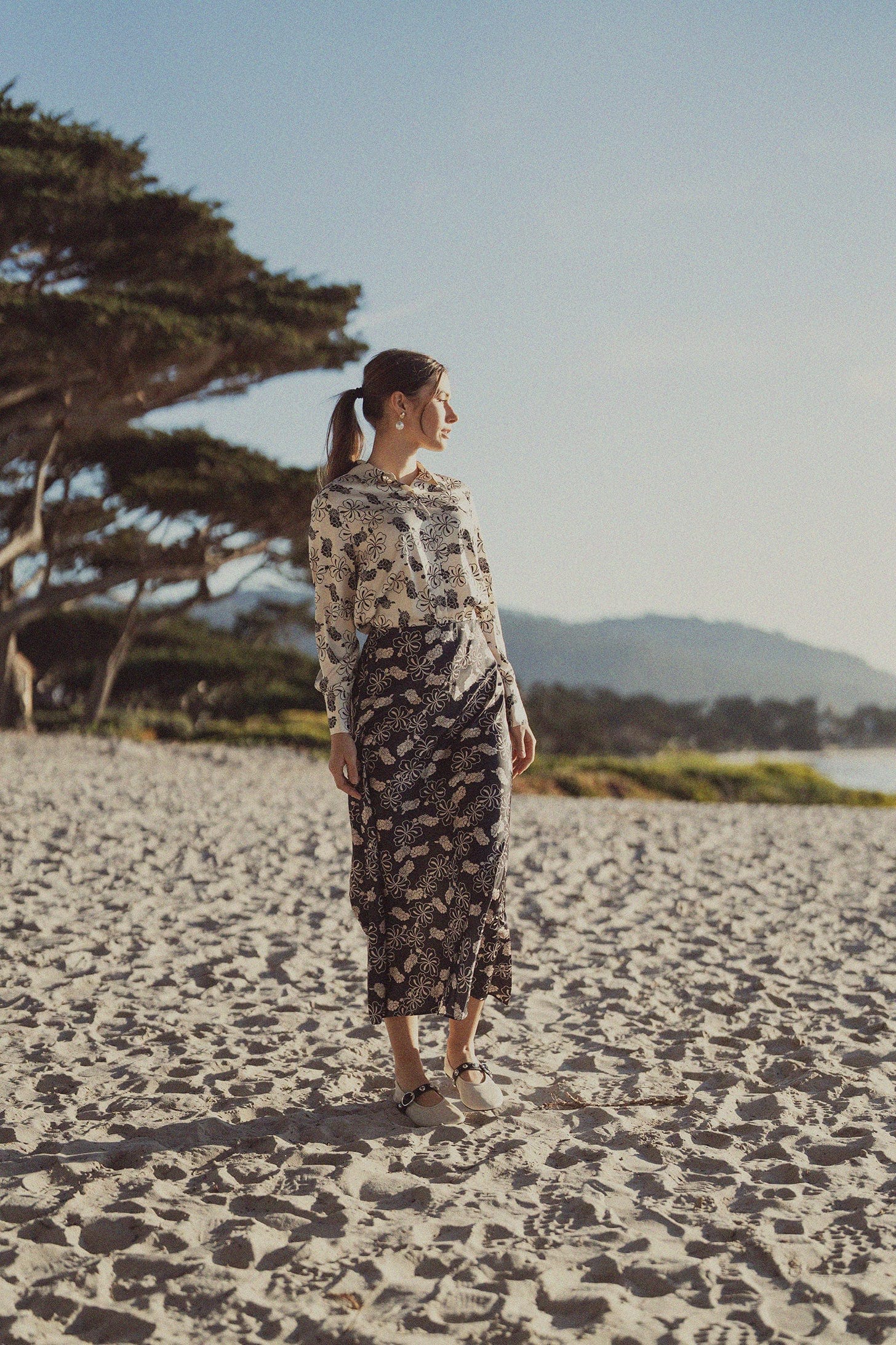 Printed Faux Satin Slip Skirt-Navy/Taupe Floral