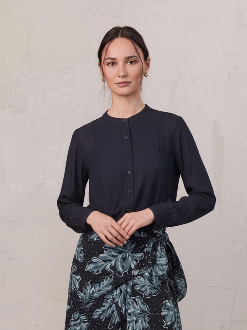 High V Neck Blouse-Navy