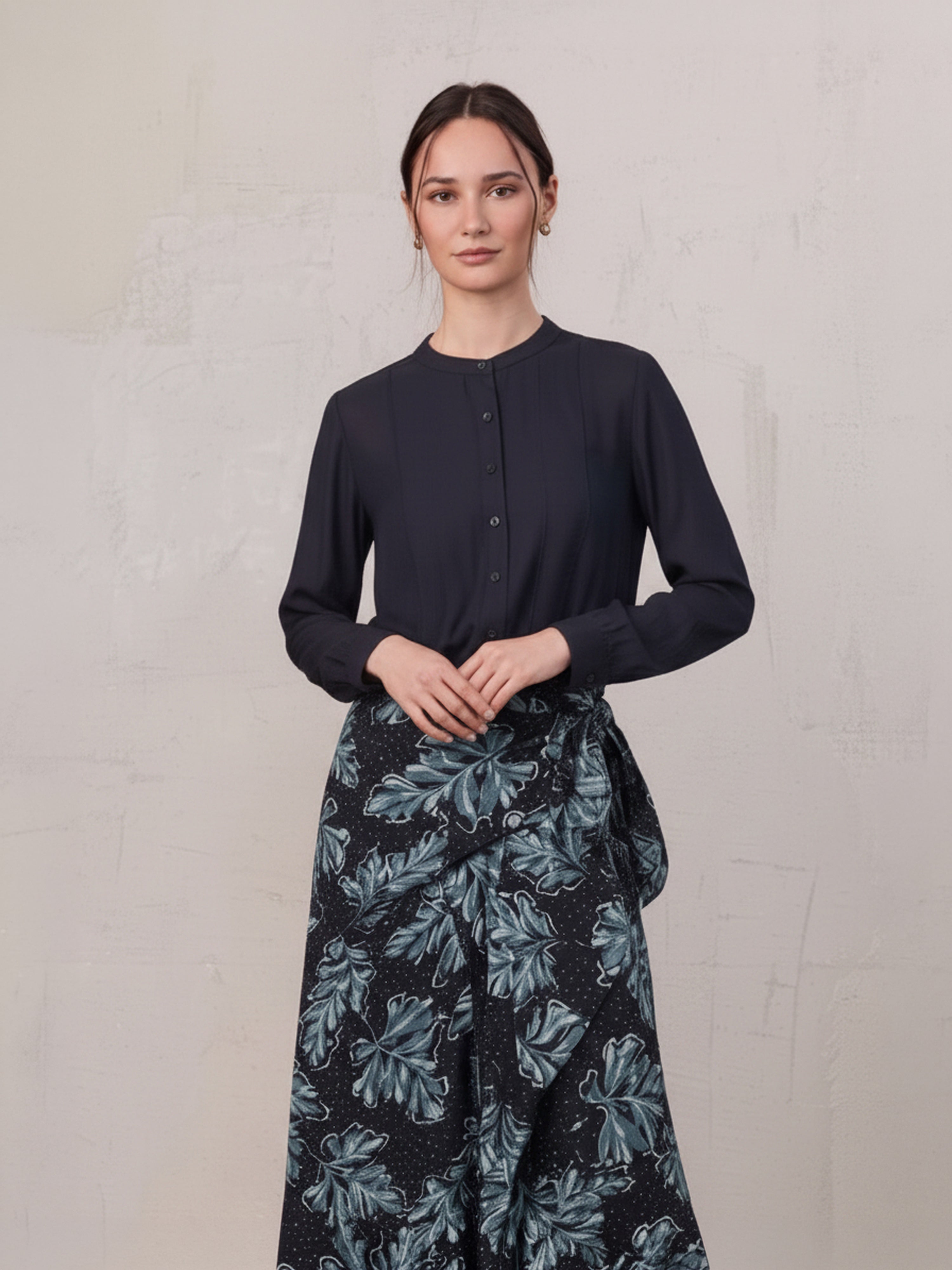 High V Neck Blouse-Navy