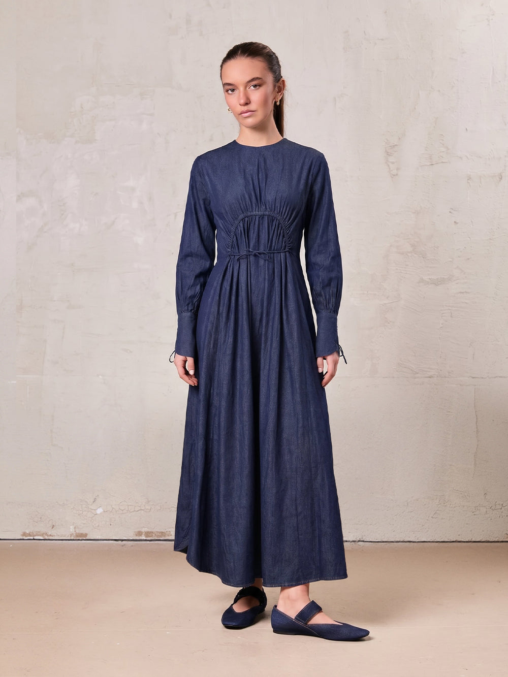 High Waist Drawstring Maternity Dress-Dark Denim